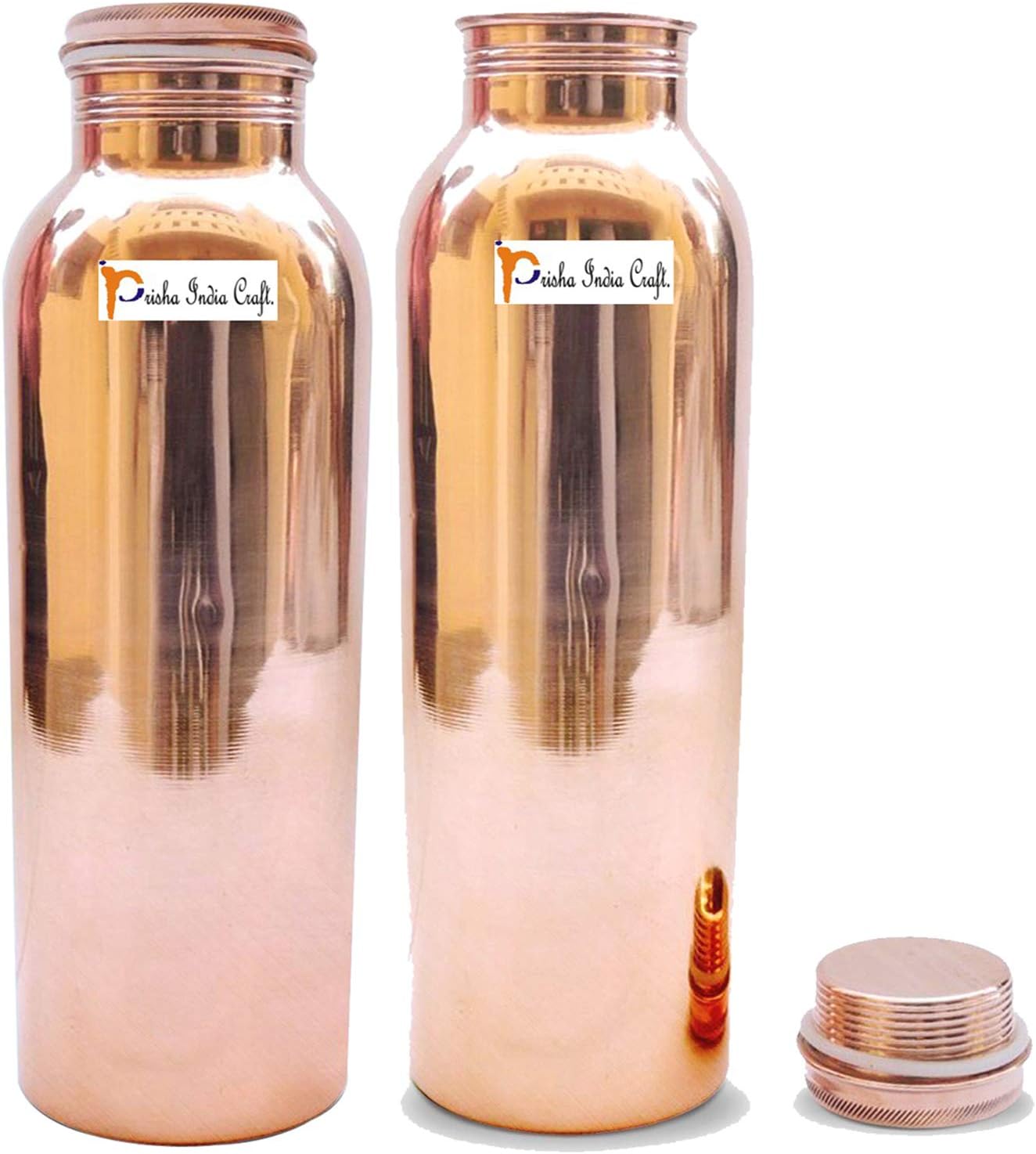 1150ml / 38.89oz - Set of 2 - Prisha India Craft Pure Copper Water Bottle for Health Benefits - Water Bottles Joint Free, Handmade - Christmas Gift by Prisha India Craft