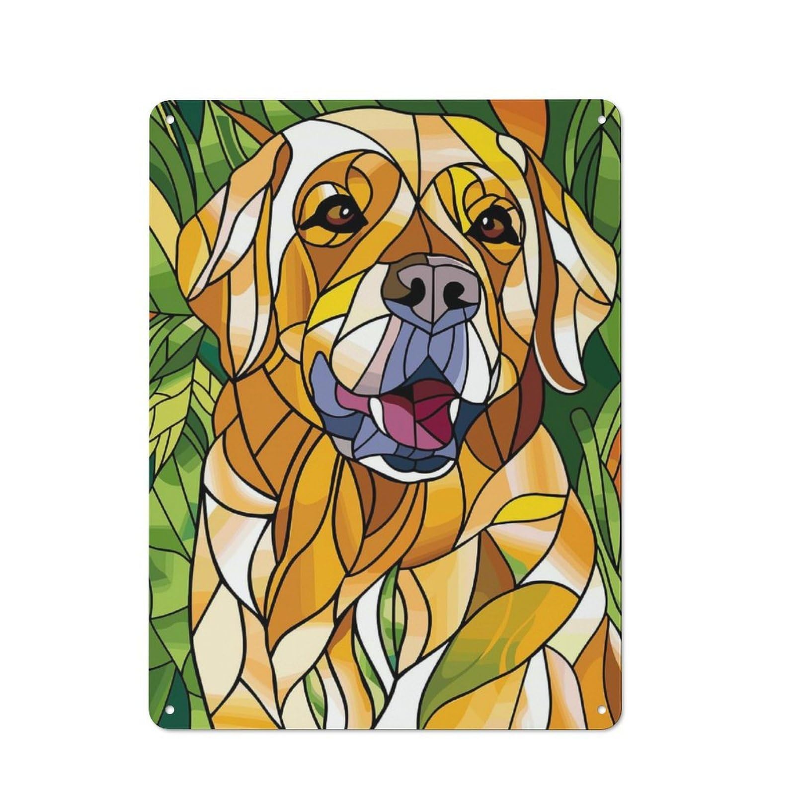 Junmoney Style-4 Metal Wall Sign 40X30cm Featuring Stained Glass Golden Retriever Portrait For Living Room Wall, For Feature Wall Decorators