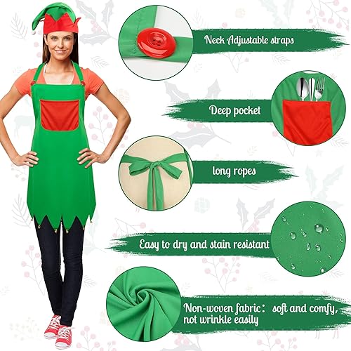 Miniatura 3 de LOVEINUSA Juego de delantal y sombrero de elfo de Navidad, delantales de Papá Noel, sombreros de cosplay para fiesta de Navidad, suministros de