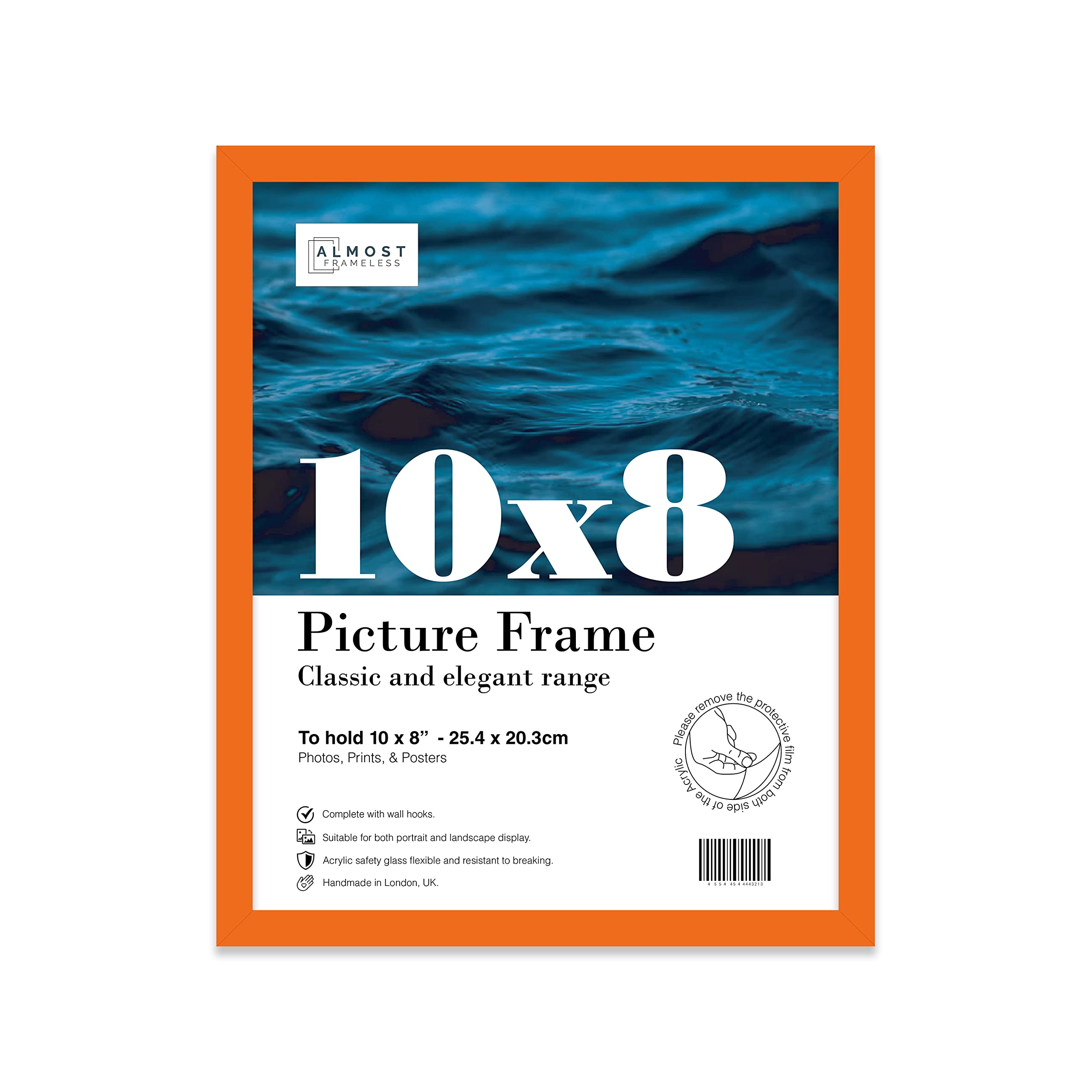 Almost Frameless 10x8 Orange Picture Frame 10"x8"(25.4x20.3cm) Poster, Photo, Artwork, or Print. Thin Edge Slim Frame Portrait and Landscape Display with Wall Hooks