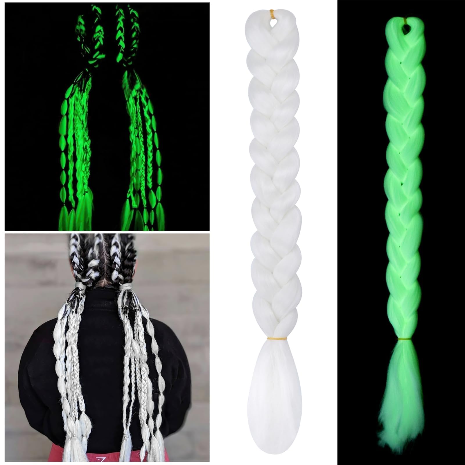 Huiguli Trenzado Extensión de cabello Crecer en la Oscuridad, Fluorescente Ombre Jumbo Trenzado Pelucas Kanekalon para Twist Trenzado para Las Mujeres, para Fiesta, Bar, Festival de Música (Blanco)