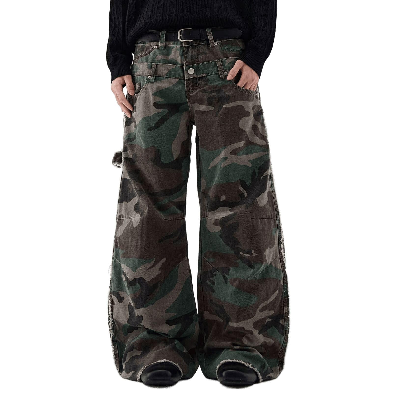 High Double Waisted Baggy Camo Cargo Pants for Women Unisex Hip Hop Wide Leg Multi-Pockets Joggers Trousers