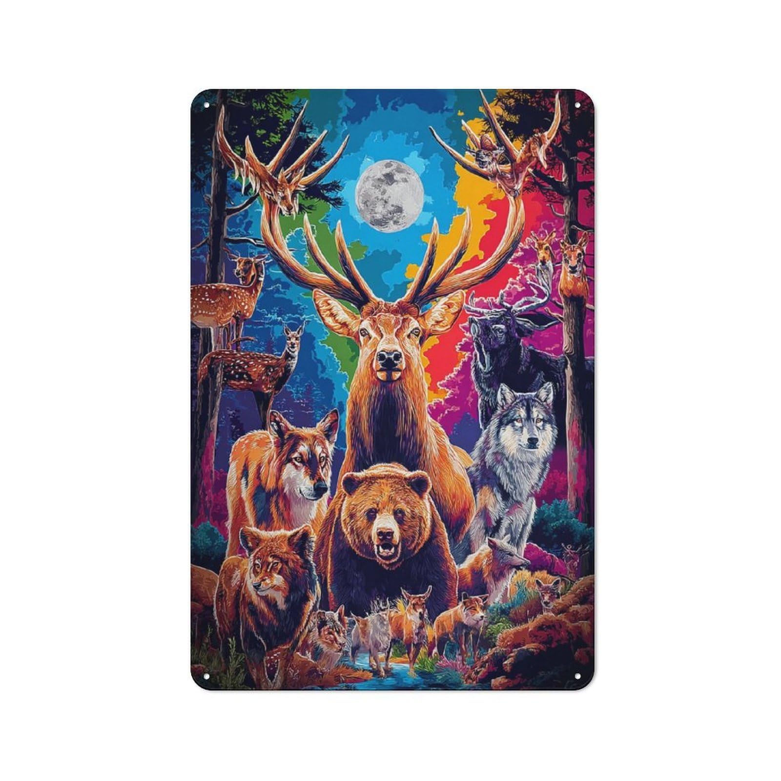 Junmoney Forest Creatures Under The Moonlight Metal Plaque With Design 30X20cm, Cosy Diner Style Decor For Coffee Bar, Kitchen, Bistro Or Tea Corner
