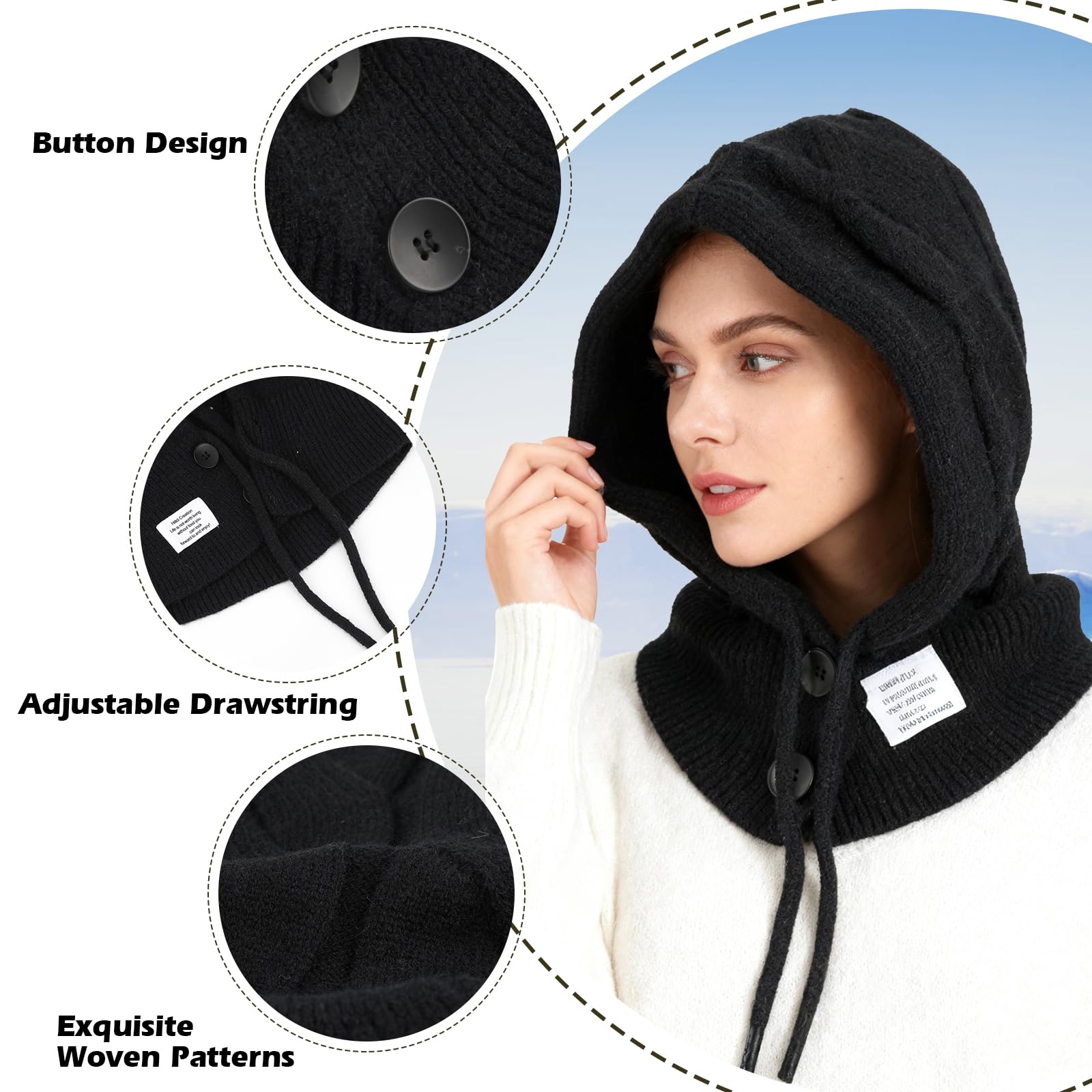 Mujer Invierno Gorro de Punto y Bufanda con Capucha,2 en 1 Térmicos Prueba de Viento Ajustable Pasamontañas,Moda Ocio Pullover Calentador de Cuello para Deportes al Aire Libre Diario Correr