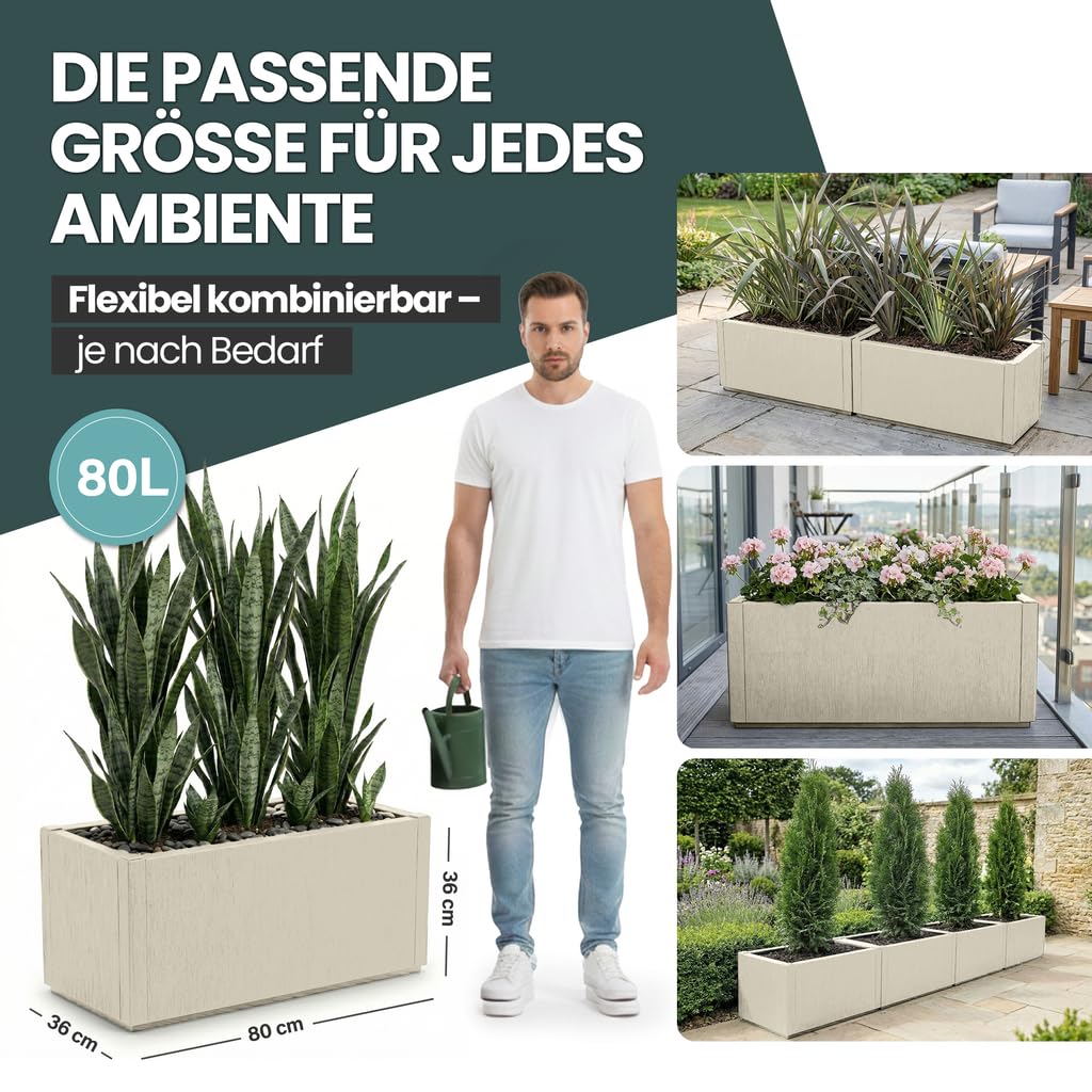 Kreher® XL Pflanzkasten Blumenkasten im Struktur-Design aus Kunststoff Maße BxTxH in cm: 80 x 36 x 36 cm. (Beige)