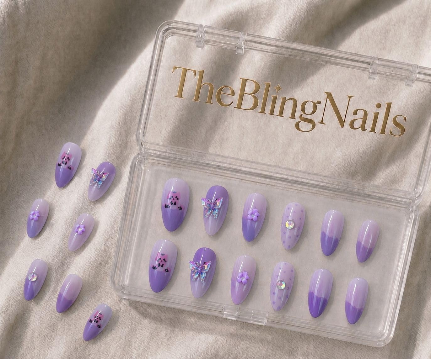 TheBlingNails | Premium Handmade Luxury Gel Nails, Elegant Lavender Gradient Design with 3D Flower, Rhinestone, and Argyle Accents | Elegant Stick -On Nail Kit for Women & Girls| Reusable Nails| Lightweight & Long Lasting| High Glossy Finish| Salon-Style Nails at Home| Crafted in our BlingNails Studio for salon quality results. (Purple Butterfly Garden)-image-37