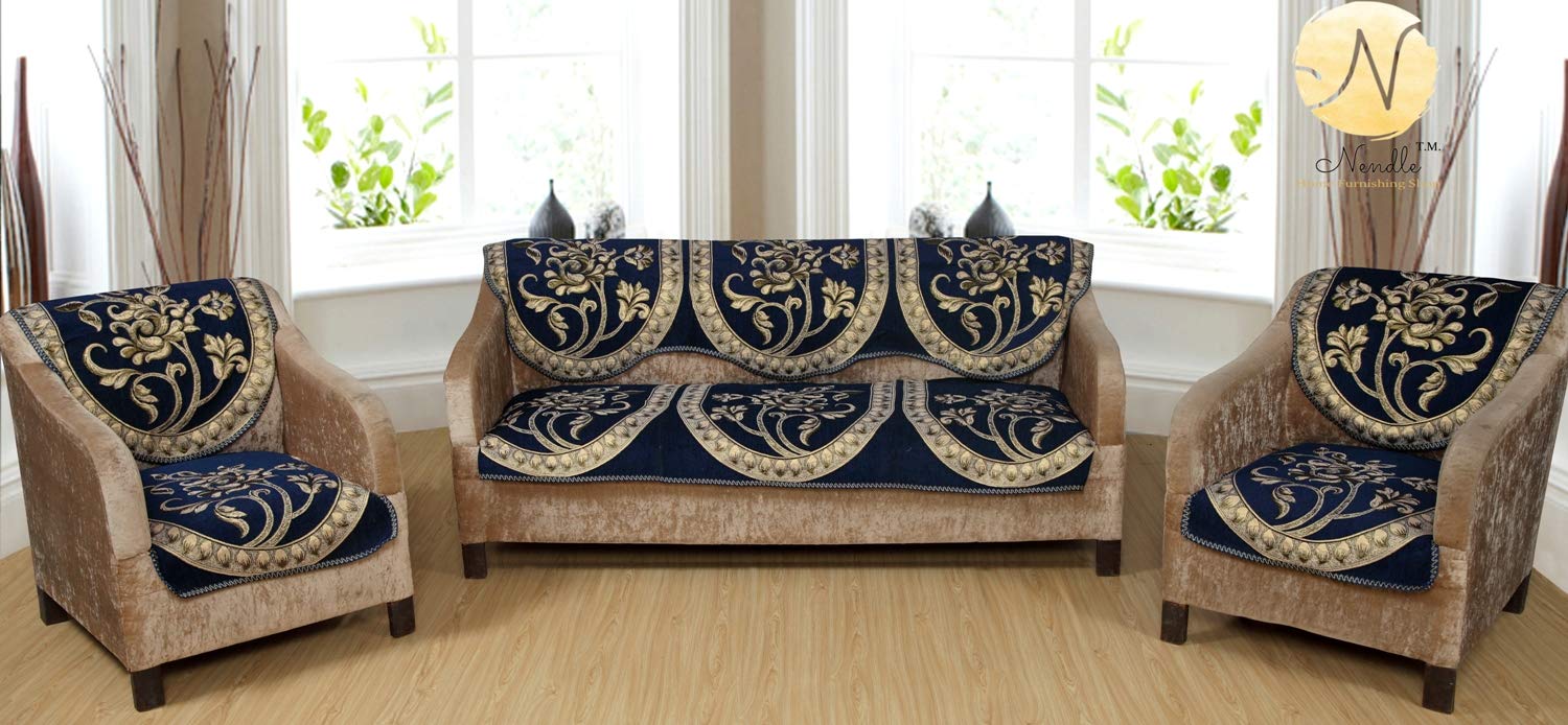 Nendle Soft Smooth Solid Fabric with Floral Design 5 Seater Velvet Sofa Cover Set of 3+2 - (Blue, Set of 6 Pieces) (B081X818C8) Amazon Price History, Amazon Price Tracker