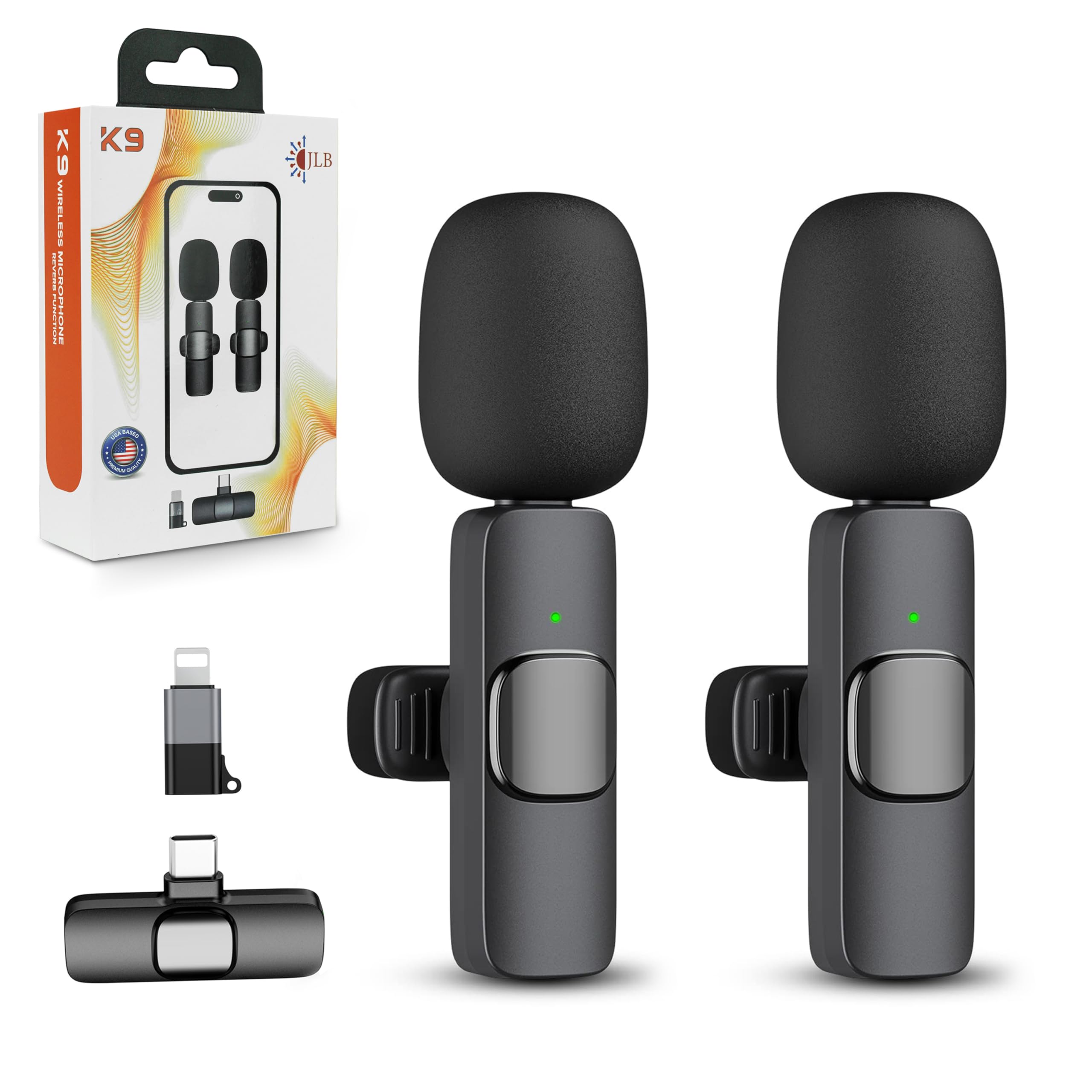 JLB Paquete de 2 micrófonos Lavalier inalámbricos con base en Estados Unidos para iPhone, iPad, dispositivos USB-C, Plug & Play, c