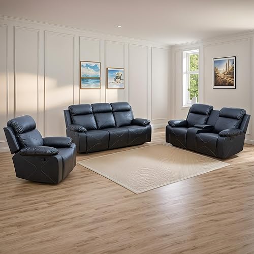 Power Recliner Sofa Set, Top Leather 3-Piece Sectional Couch Living