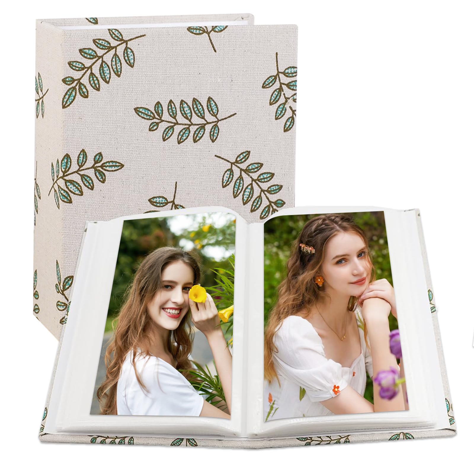 Green Leaves Photo Album 100 Photos (4 x 6 Inch) - Portable Mini Linen Cover Scrapbook Album for Kids Birthday Family Wedding Anniversary Art & Craft Projects