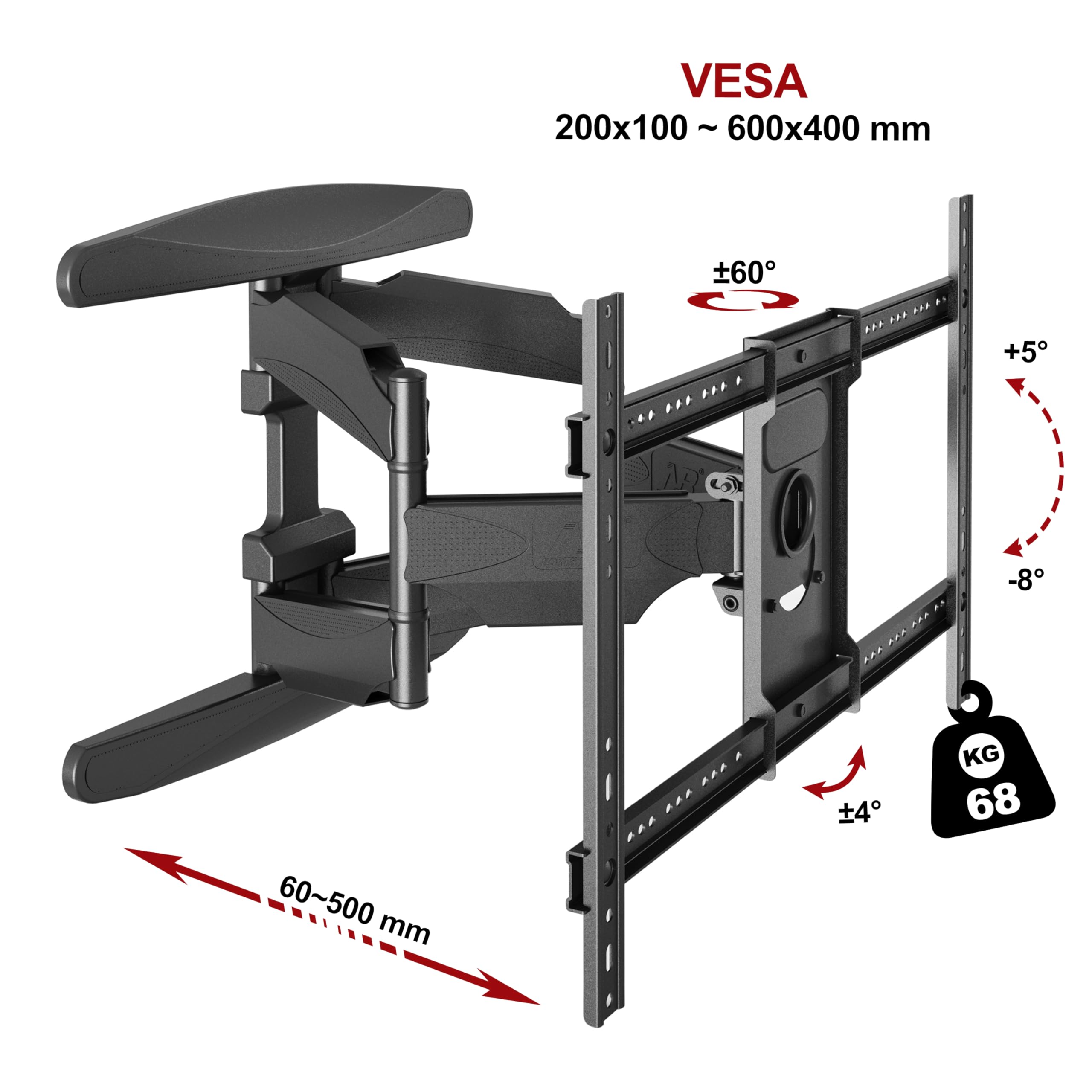 Grande supporto da parete per TV da 55 a 85 cm, orientabile e inclinabile, fissaggio a parete per TV di due bracci, VESA Max di 600 x 400 mm, con capacità di carico fino a 68,2 kg