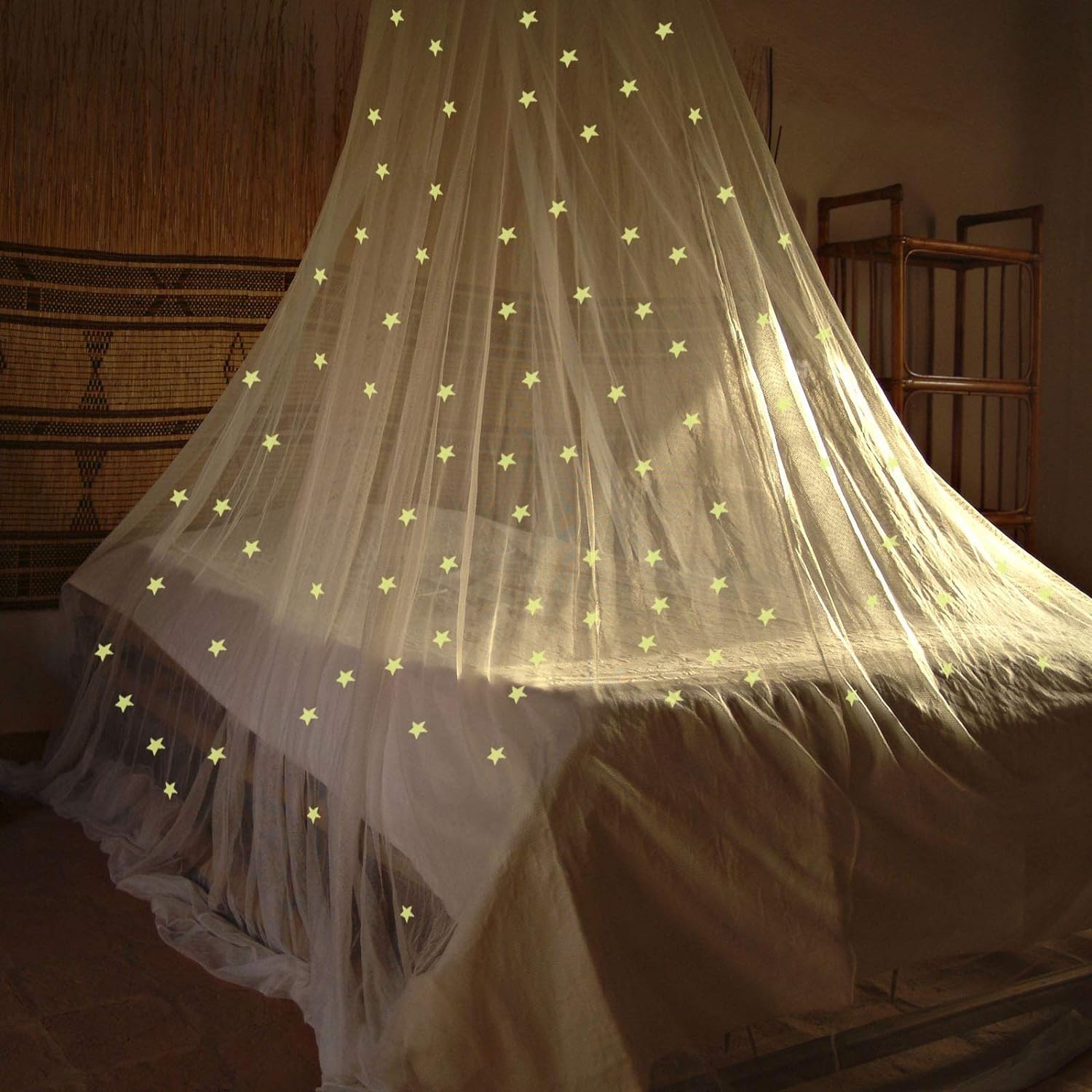 Yuehuamech Bed Canopy with Glowing Space in The Dark Round Dome Princess Stars Bed Canopy Mosquito Net Bed Curtain for Girls Boys Women Room Isolate Insects Protection
