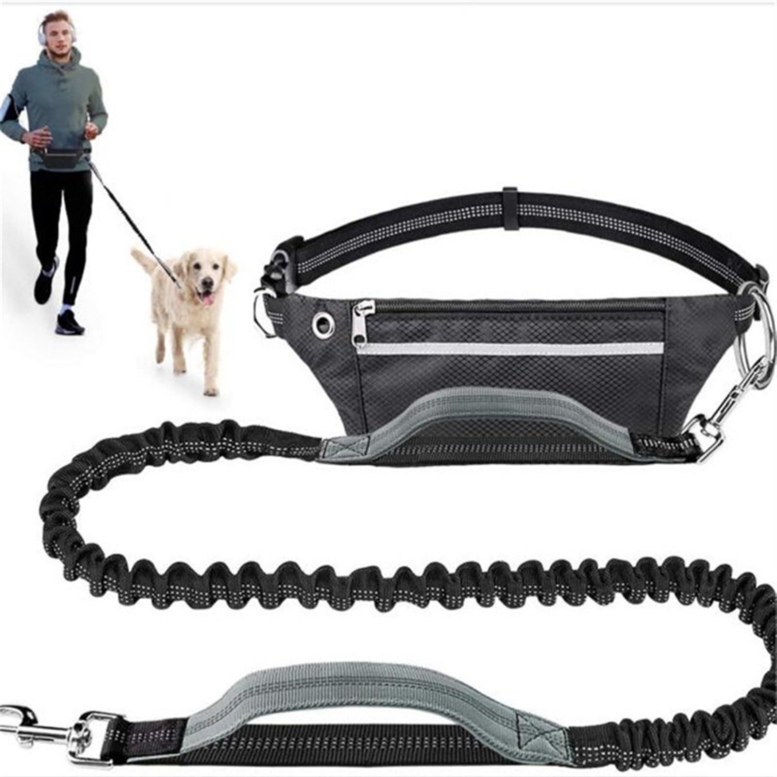 Longe pour Chien Laisse Mains Libres pour Chien avec Sac de Taille réfléchissant Jogging Dogs Corde de Traction Extensible Bungee Dog Laisse pour Chien(Gray)