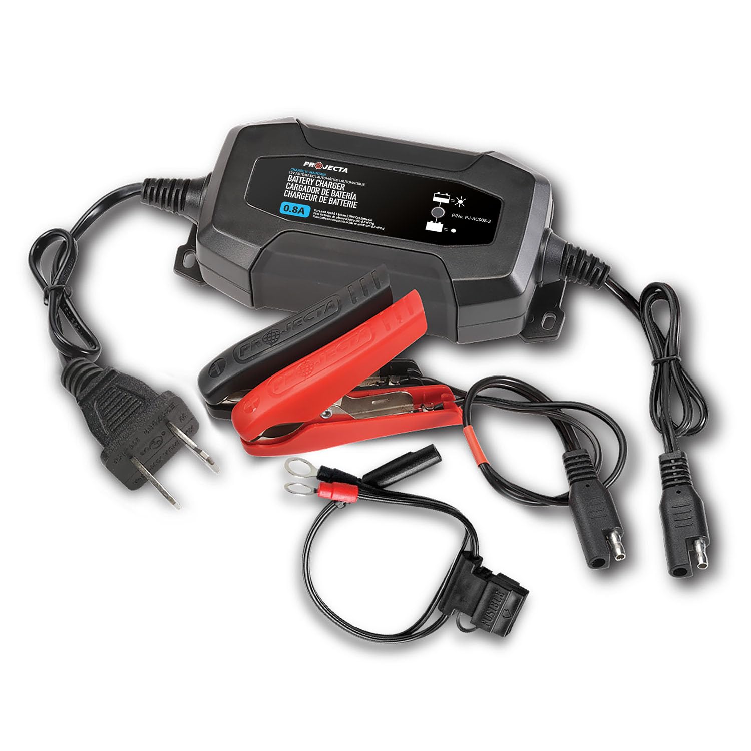 Projecta PJ-AC008-2 Charge N’ Maintain 12V Battery Charger for Automotive and Marine, Spark Free and Power Protected, Fully Automatic with 4 Stages, 0.8 Amps
