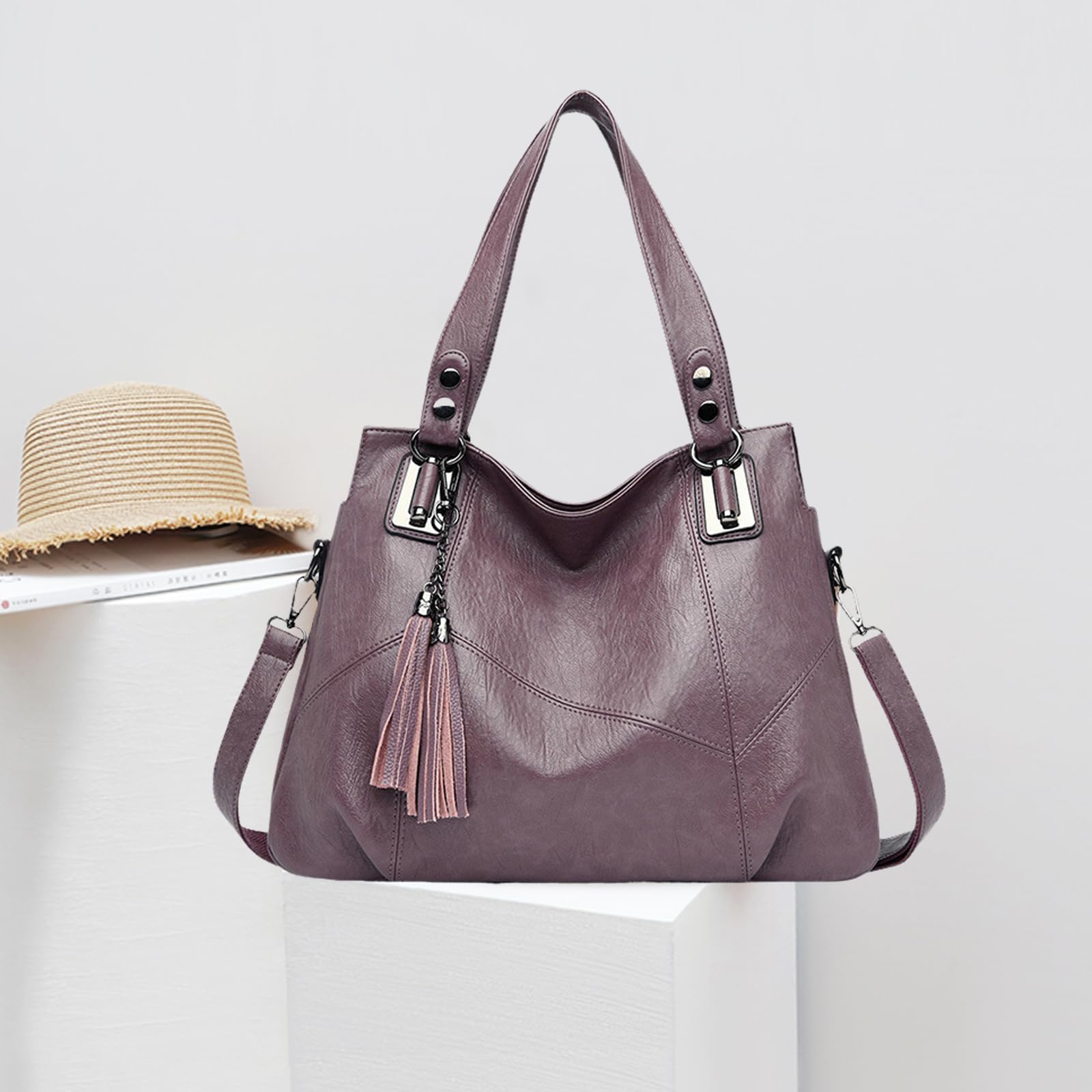 NICOLE & DORIS Sac à main en cuir PU souple pour femme, sac à bandoulière à longue bandoulière, grand sac à bandoulière avec pompon