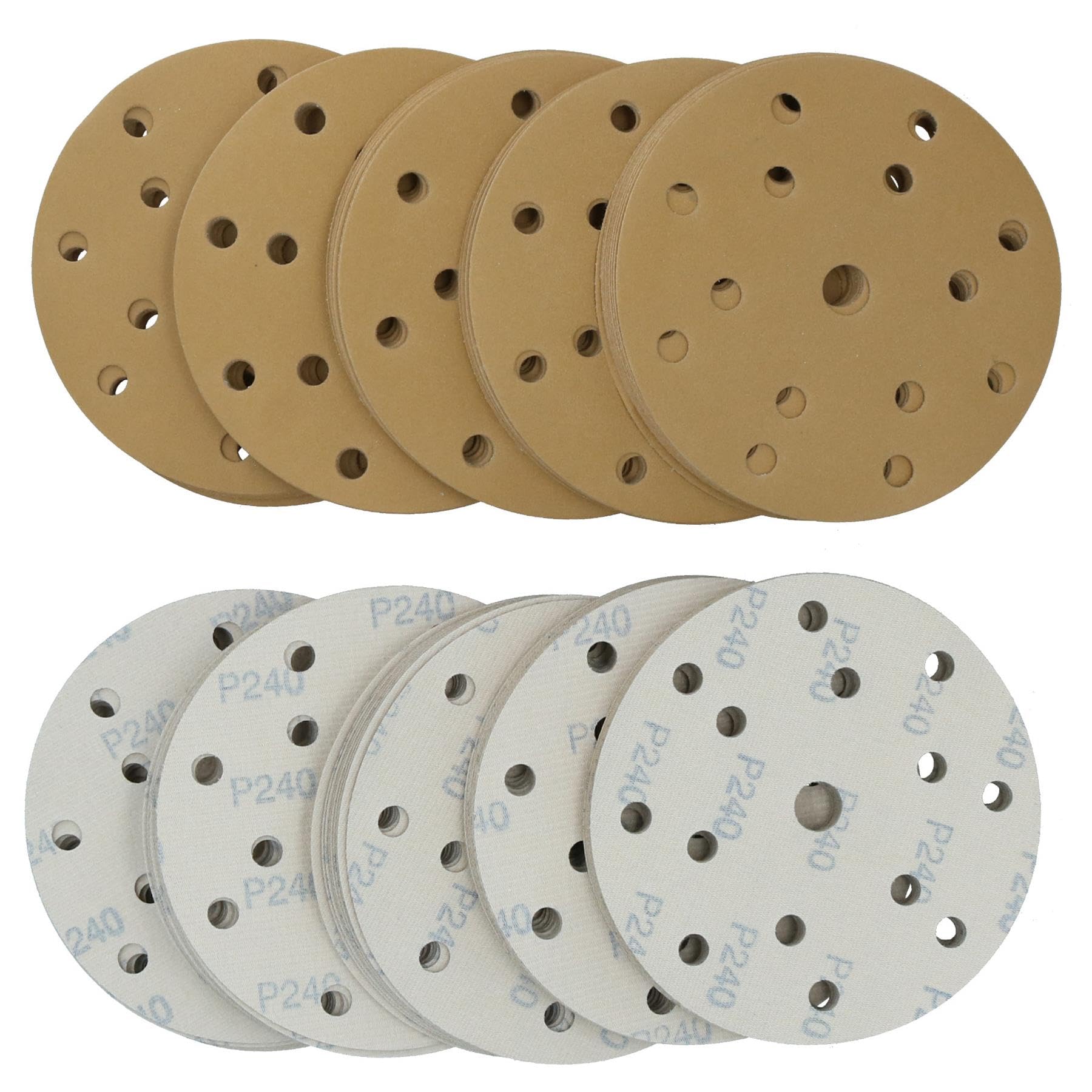 Discos de lijado de 150 mm, óxido de aluminio abrasivo, grano 240, gancho de 15 agujeros + bucle, 200 unidades