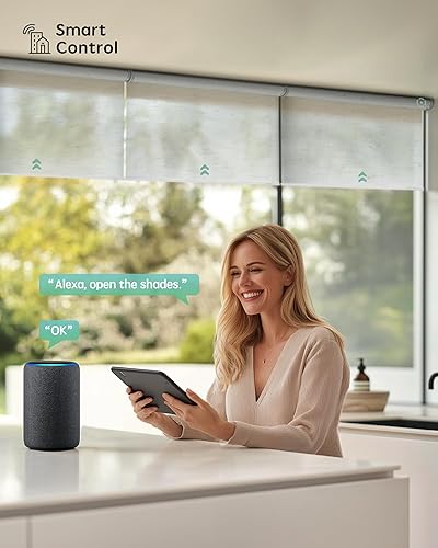 Vista 66 de Yoolax Persiana solar motorizada con control Romote para filtrar la luz, persianas enrollables con visión transparente (gris)