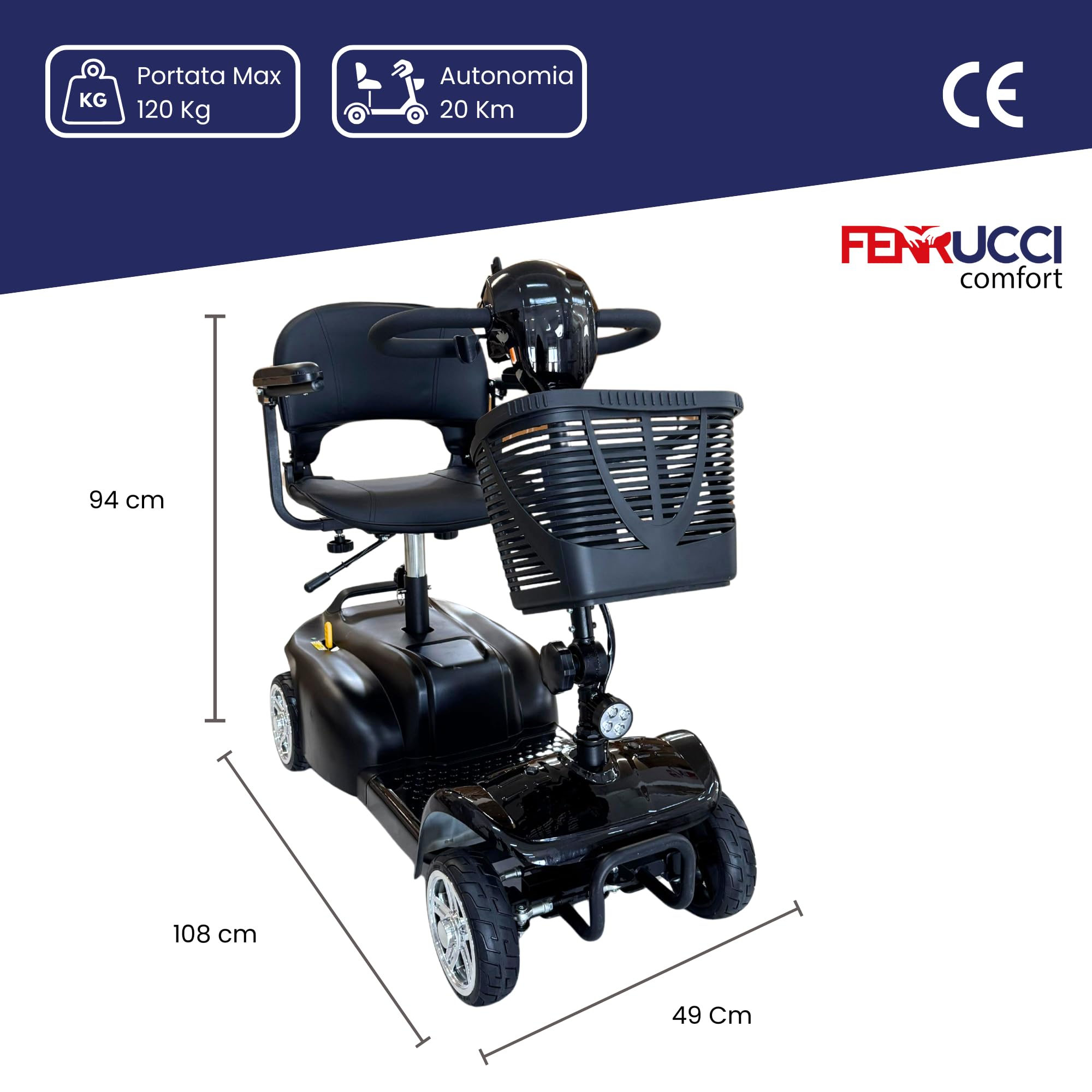 Scooter Elettrico per Disabili e Anziani Pieghevole per Persone con Mobilità Ridotta, Sedile Girevole 360°, Braccioli Ribaltabili, Cestino, Dotato di Presa di Ricarica, Dispositivo Medico Classe 1