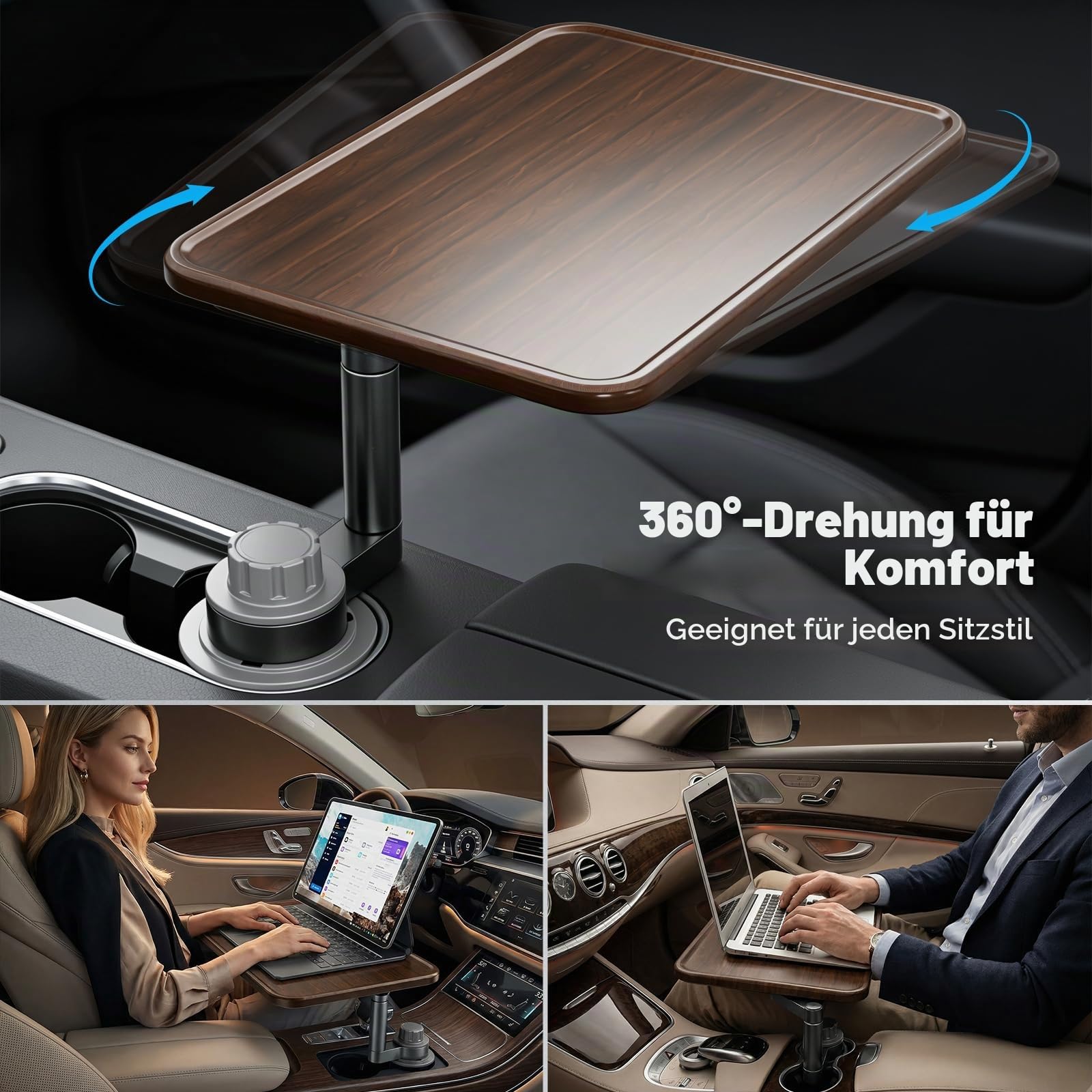 Autotisch für Laptop, Getränkehalter mit 360°-Drehung – Laptophalterung aus Holz für das Auto, Autotisch und Tablett für das Auto, kompatibel mit Tesla-Modellen,Ford und den meisten anderen Fahrzeugen