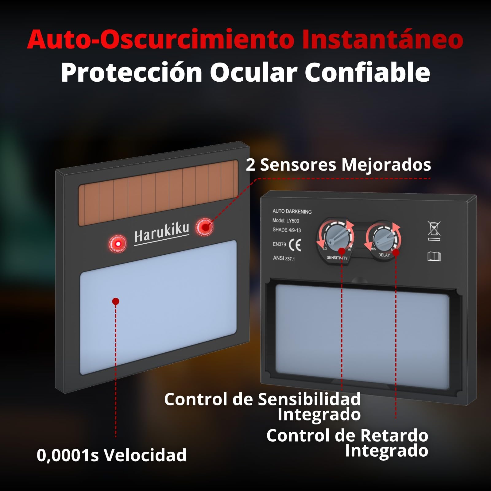 Máscara de Soldar Automática Harukiku | Doble Alimentación Solar+Pilas | Visor Auto-Oscurecimiento DIN4-9/13, Óptica 1/1/1/1 con Tecnología True Color