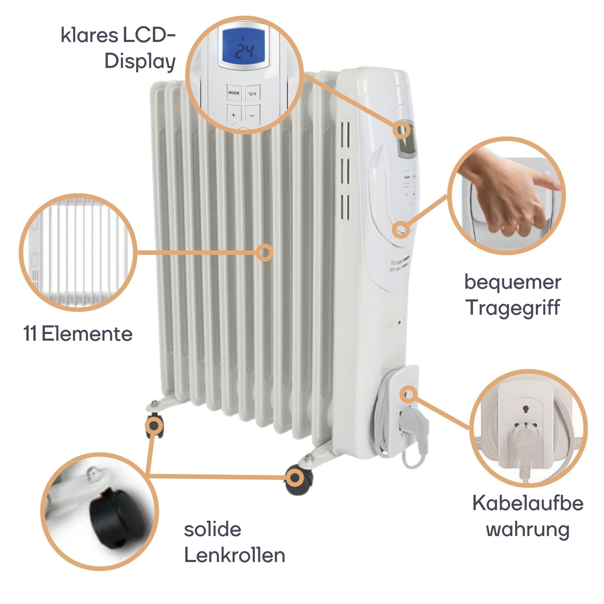 Perel 2500W Ölradiator mit 11 Rippen, 3 Heizstufen, LCD-Display, Timer, einstellbarem Thermostat, Griff, Rädern und Kabelhalter, Überhitzungs- und Kippschutz, tragbarer, geräuschloser und
