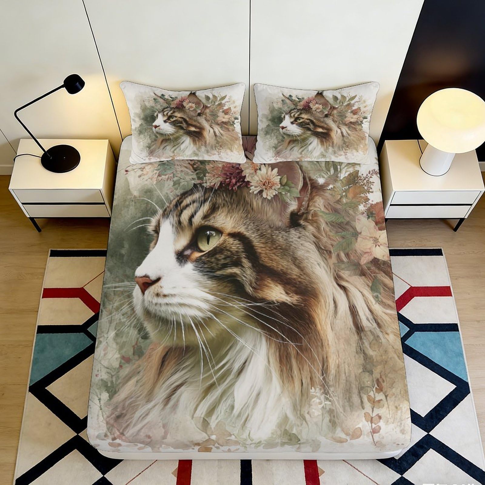 3D Printed Realistic Cat Portrait Fitted Sheet Microfiber Soft Breathable Floral Art Mattress Cover Bedroom Decor 90x200x25cm