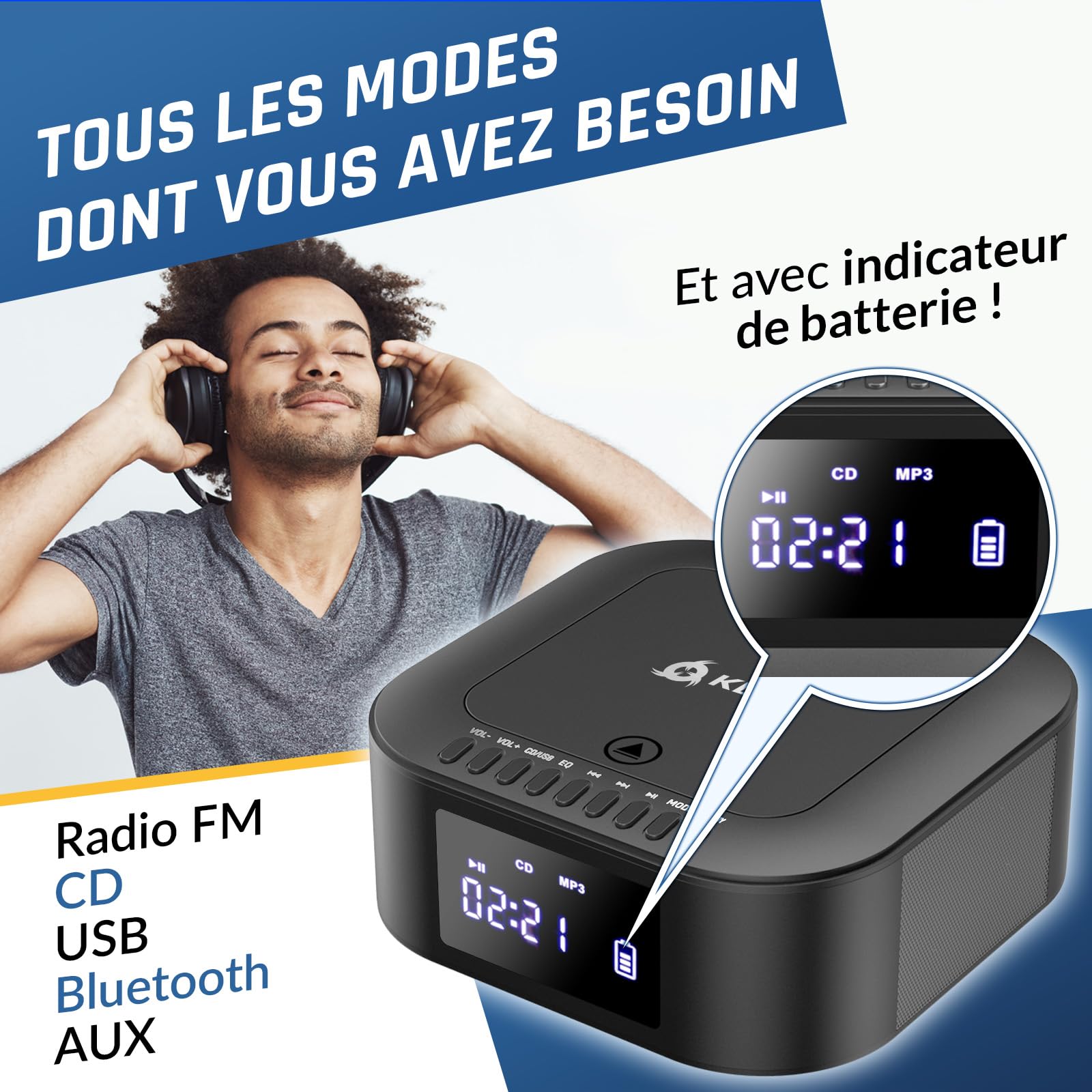 KLIM Boombox E1 - Poste Radio CD Portable - Extra Bass avec Subwoofer - Radio FM, CD, Bluetooth, USB, Bluetooth, MP3 - Mode Filaire et sans Fil avec Piles Rechargeables - Télécommande - Noir/Argent