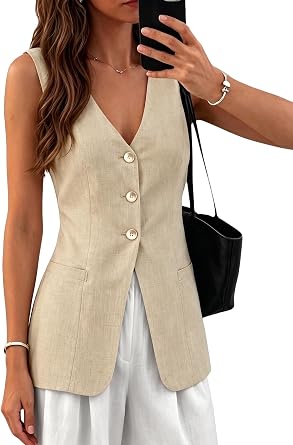 Mina Self Linen Vest Tops for Women - Summer Lightweight Casual Outerwear | Sleeveless V-Neck, Fully Lined, Long and Slim Fit, Button Front Cotton Blend Waistcoat, Office Work Blazer Vest