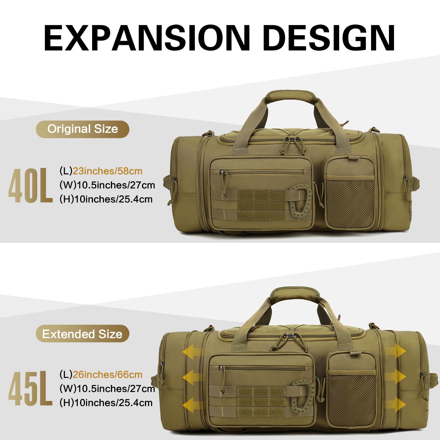 Bolsa de Viaje Táctica Expandible 40-45L Bolsa Deporte Hombre con Compartimento Zapatos y Bolsillo húmedo Bolsas Gimnasio con Función Mochila para Fin De Semana, Viajes, Marrón