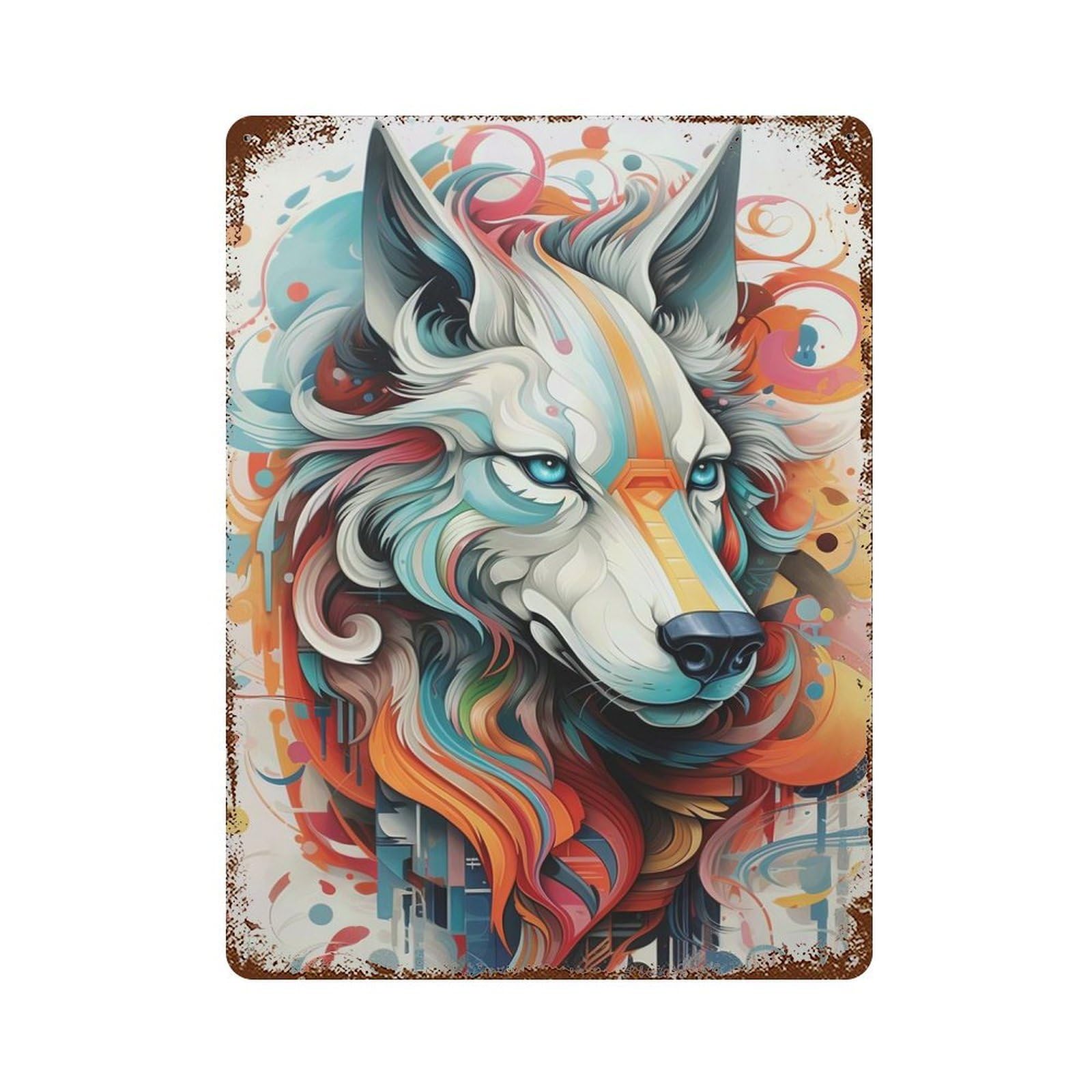 Vintage Metal Tin Sign Colorful Abstract Wolf Portrait 15.7"x11.8", Industrial Home Decor for Farmhouse, Kitchen And Entryway Decor