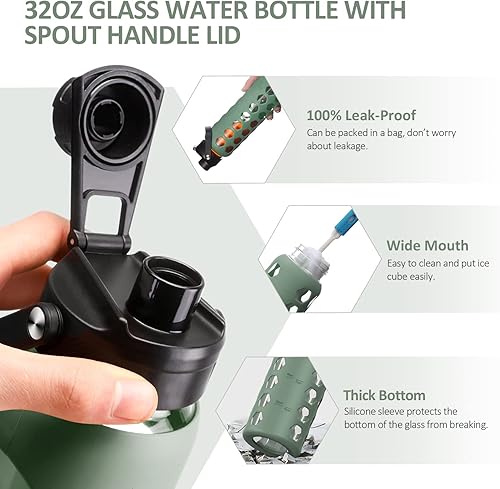 Miniatura 6 de MUKOKO Botellas de agua de vidrio de 32 onzas con 2 tapas, tapa de boquilla con asa y tapa de popote de bambú, vaso de agua motivacional