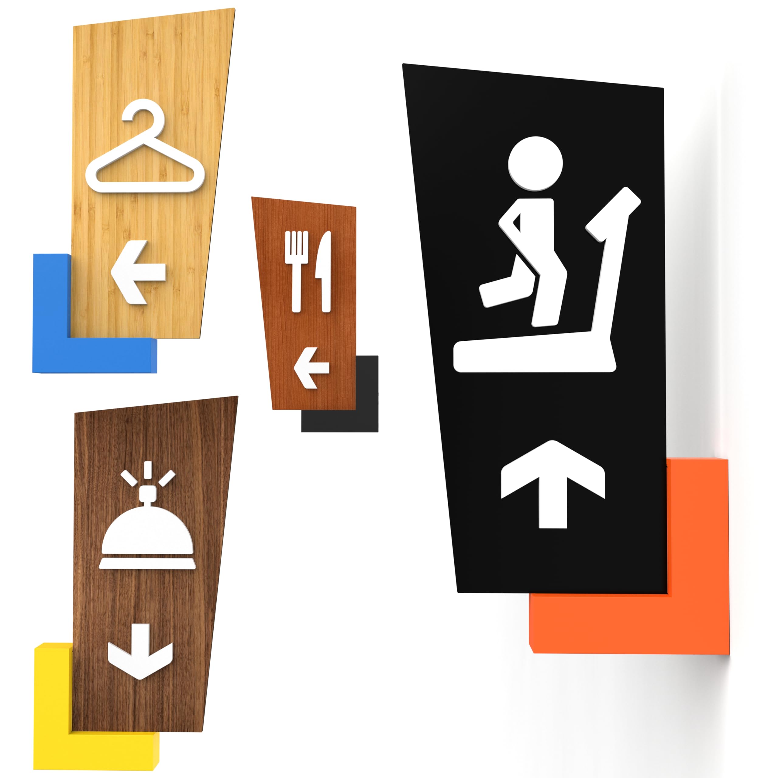 Set de 4 señales direccionales con flechas – 32 cm – Símbolos personalizados: Aseos, Recepción, Comedor, Gimnasio, Vestuario/Camerino – Carteles de pared de doble cara