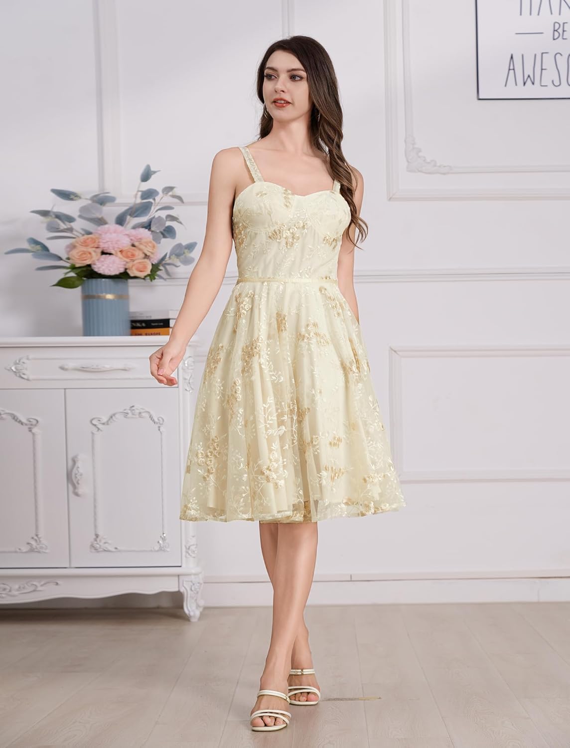 IWEMEK Women Spaghetti Strap Floral Lace Bridesmaid Cocktail Party Dress Cold Shoulder Ruffle Sleeve Wedding Guest Prom Dress - Image 2