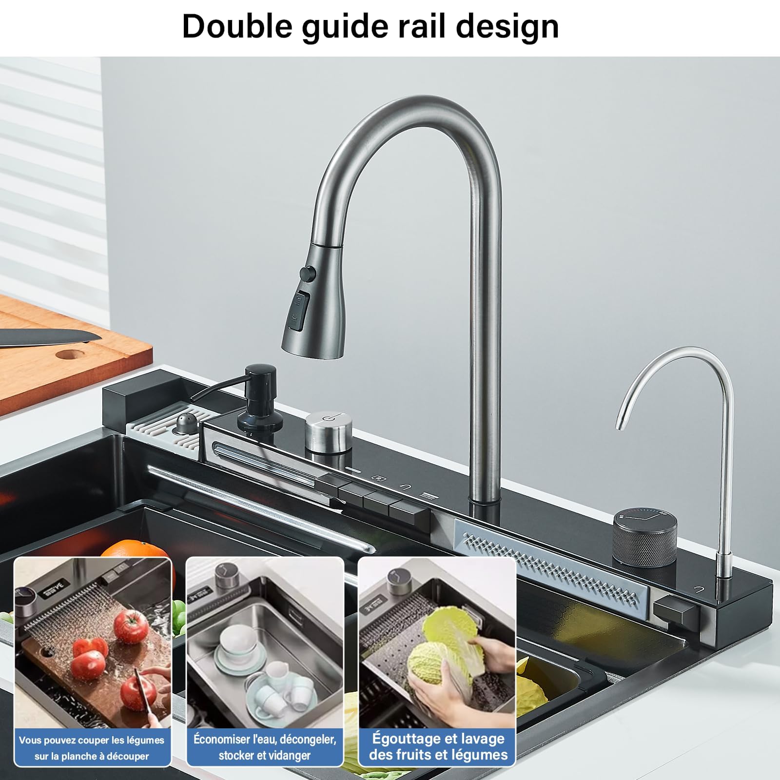 Noir Évier de Cuisine en Acier Inoxydable 304 avec Robinet Extractible Grand Évier Simple Affichage Numérique Intégré Lave-tasses Distributeur de Savon Robinetterie (75 * 45 * 21 cm)