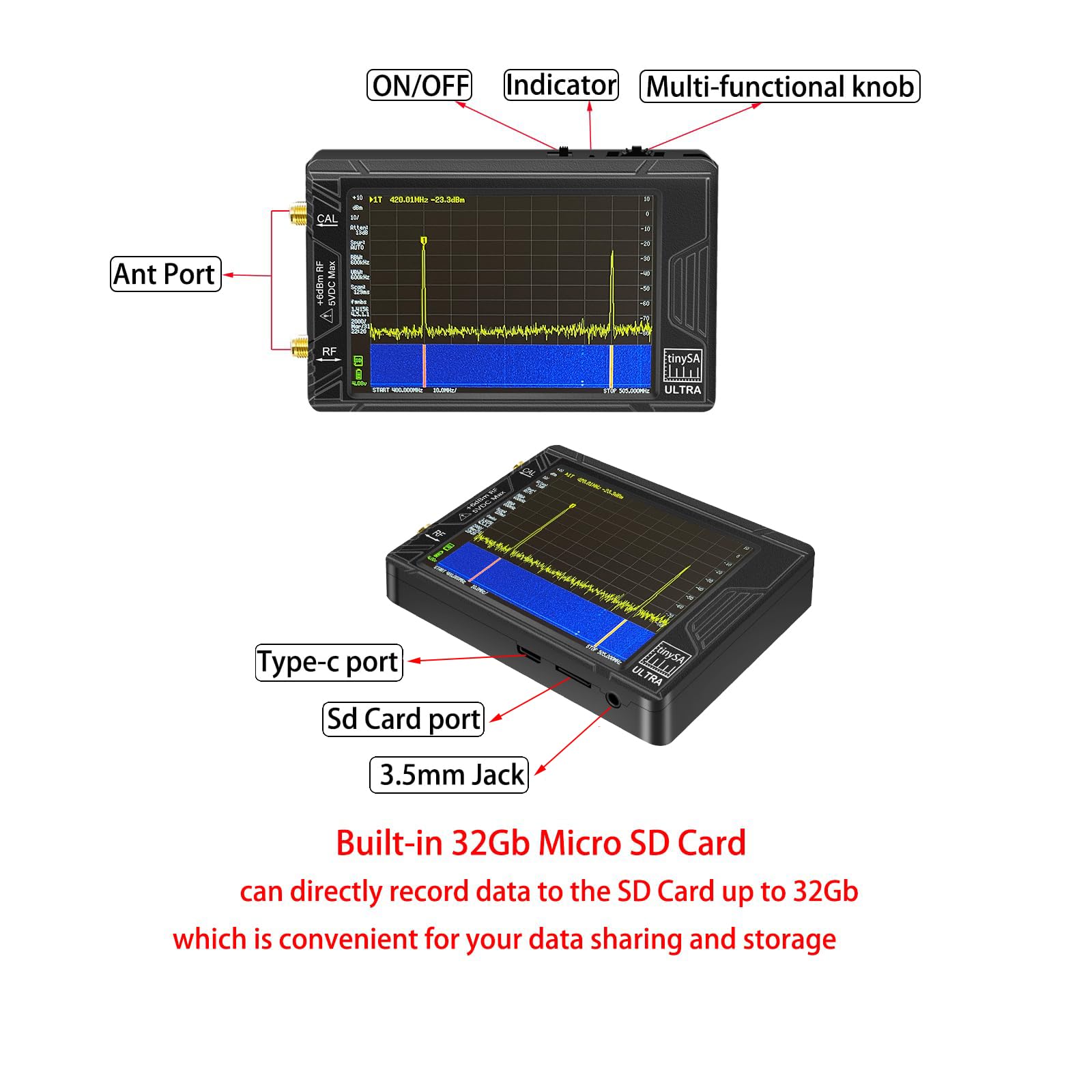 Upgraded TinySA Ultra Spectrum Analyzer 100kHz~5.3GHz 4.0 Inch Handheld Tiny Portable Frequency Analyzer Bulit-in Battery