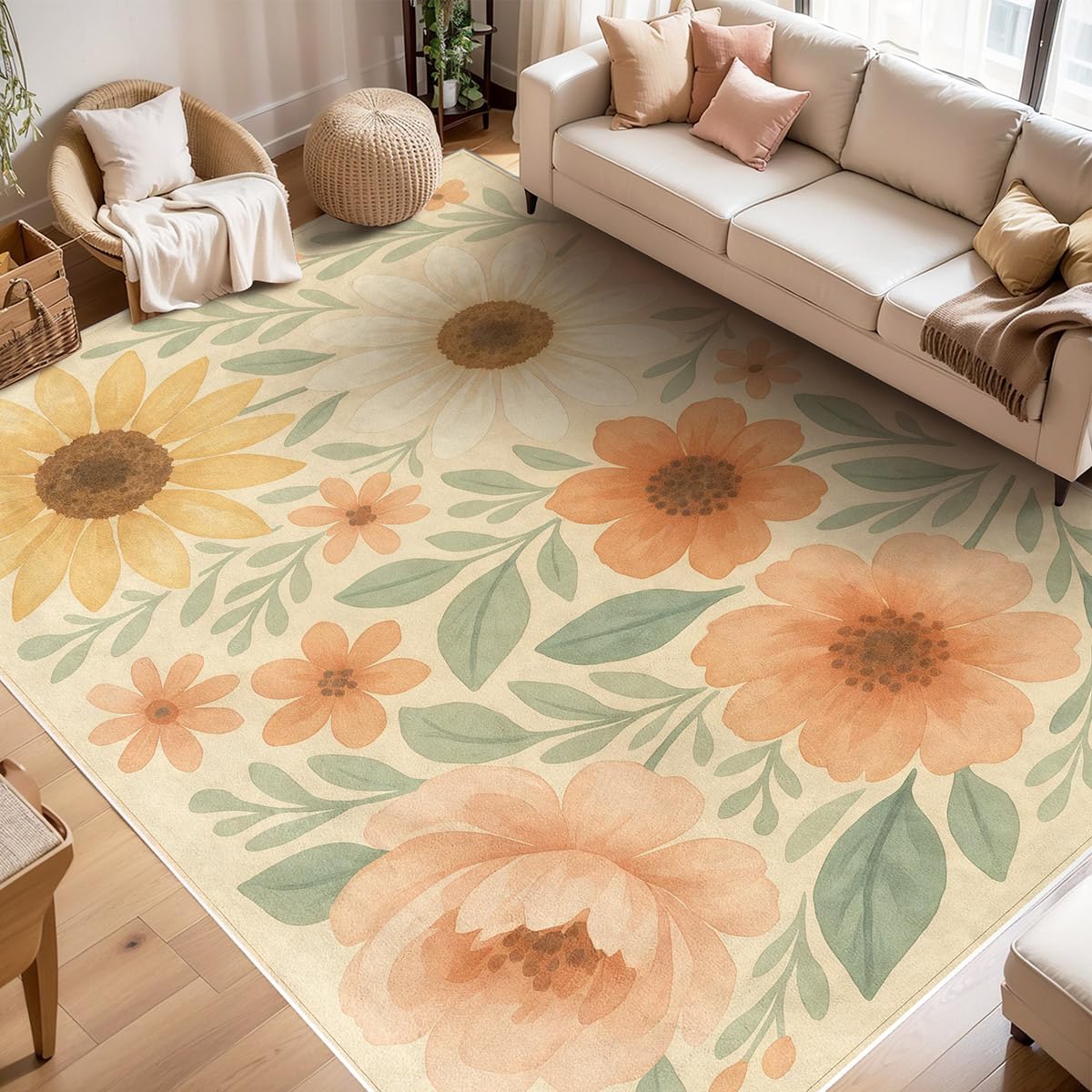 Floral 3x5 Area Rug, Sunflower Rug for Living Room, Bedroom, Dining Room - Washable Rug for Girls Bedroom, Non-Slip Small Living Room Carpets, Stylish Decor for Girl Child Pet