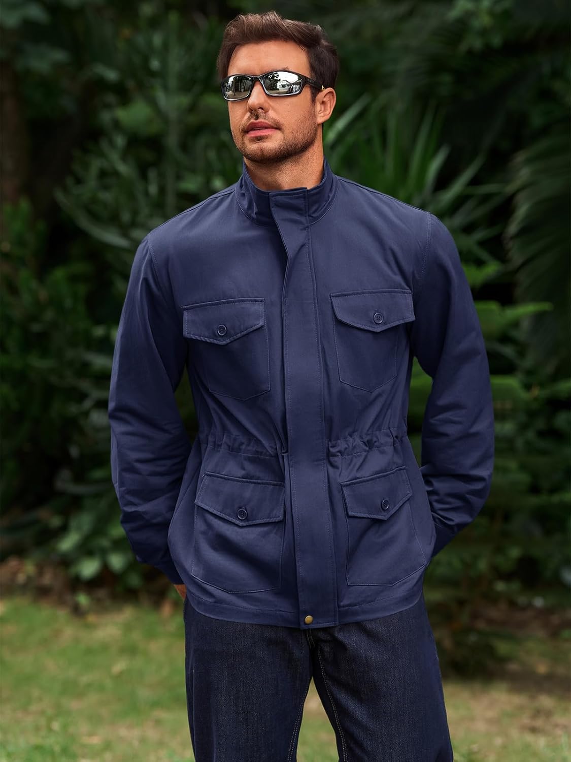 Runcati Mens Military Jacket Full Zip and Button Safari Field Jacket Multi Pocket Cargo Outdoor Coat - Image 4