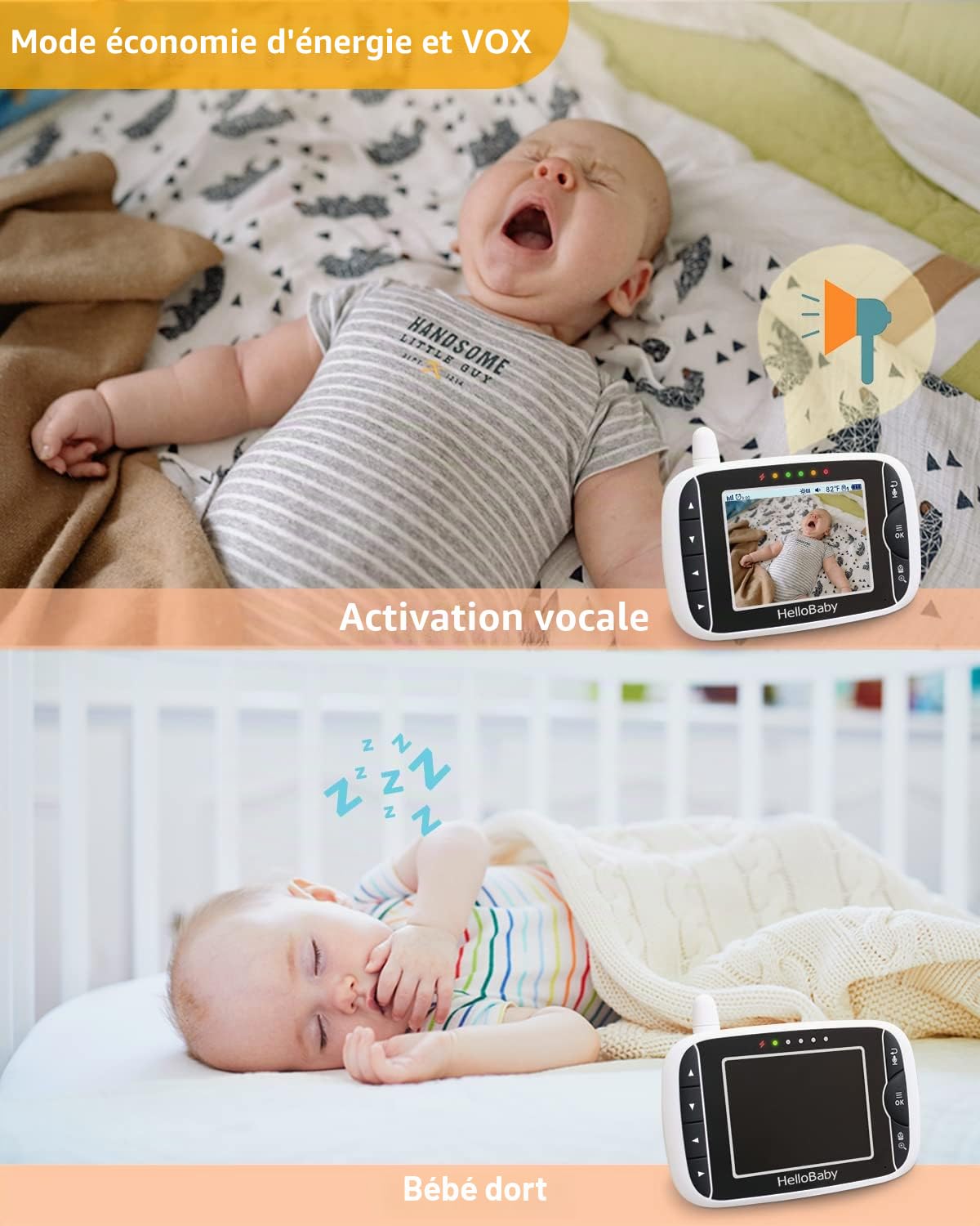 HelloBaby Moniteur bébé Hello Baby avec caméra et audio, écran LCD de 8,1 cm, rotation à 355° horizontalement et 120° verticalement, mode ECO, audio bidirectionnel, vision nocturne, surveillance de la
