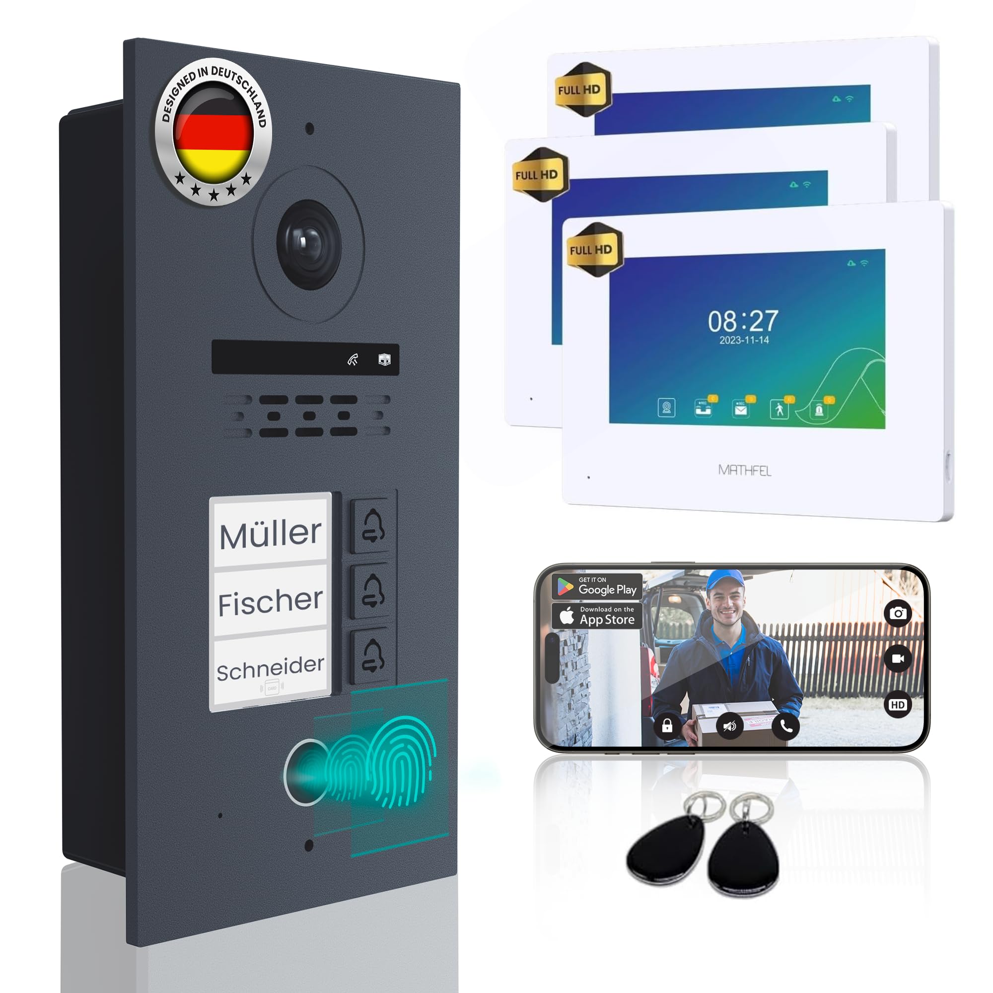 MATHFEL 2 Draht Bus IP 3 Familienhaus Video Türsprechanlage Fischaugenkamera 170 Grad, Außenstation in Aluminium, 3x7'' Monitor Anthrazit mit RFID Zugangskontroll