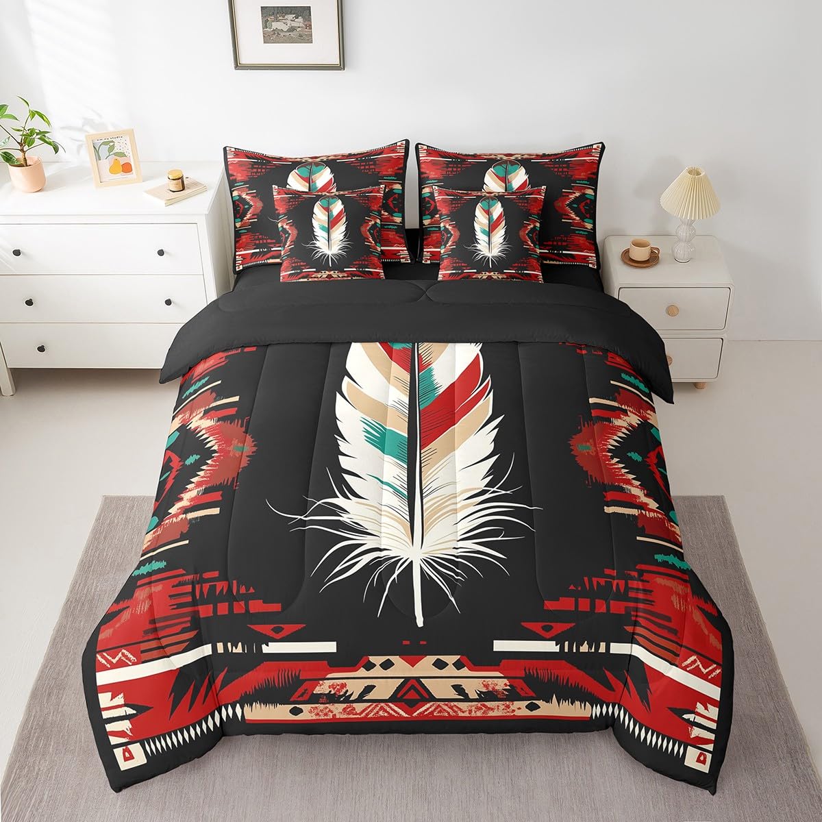 Feelyou Western Comforter Set with Sheets Southwestern Feather 7 Piece Bedding Set Twin Size for Kids Southwestern Native Bohemian Bed in a Bag