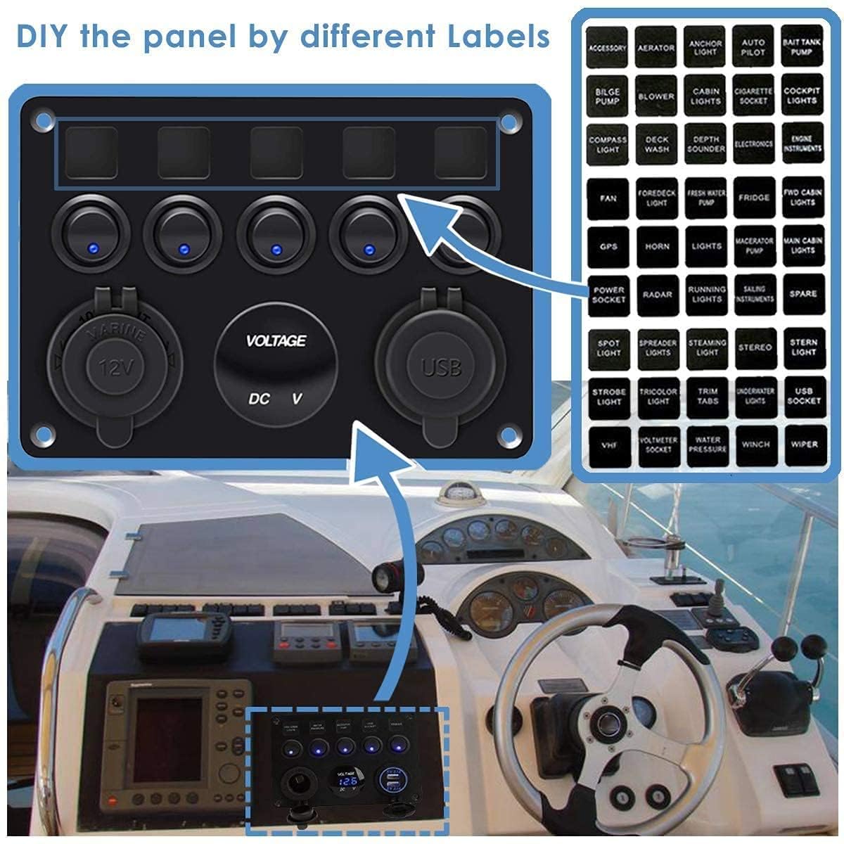 Pannello Interruttori 5 Gang Interruttore a Levetta ON-OFF 2USB Presa Voltmetro a LED 12V 24V Presa di Corrente per Marine RV Truck(BLUE)