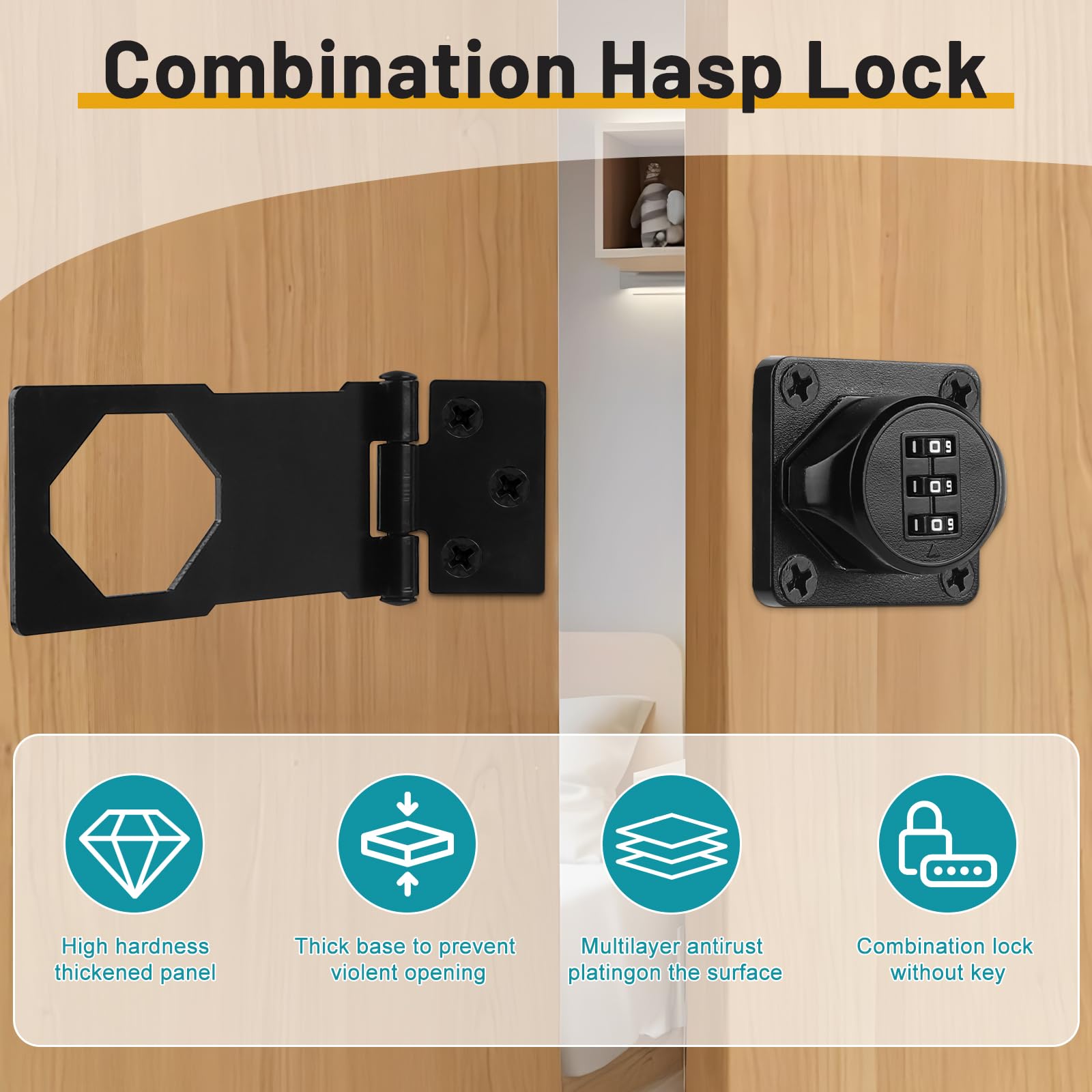 1 pieza Cerradura mecánica con combinación de 4. 5in cerraduras de hasp contraseña Cerradura de combinación de 3 dígitos con tornillo Cerradura de seguridad para puertas, cajones, Negro