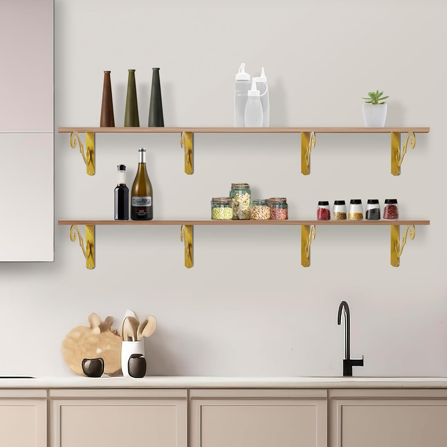 Z METNAL Decorative Shelf Brackets, Brass Metal Shelves Bracket, Gold Metal Wall Decor, Heavy Duty Modern Shelving Bracket for DIY Floating Shelves, Gold, 8pcs
