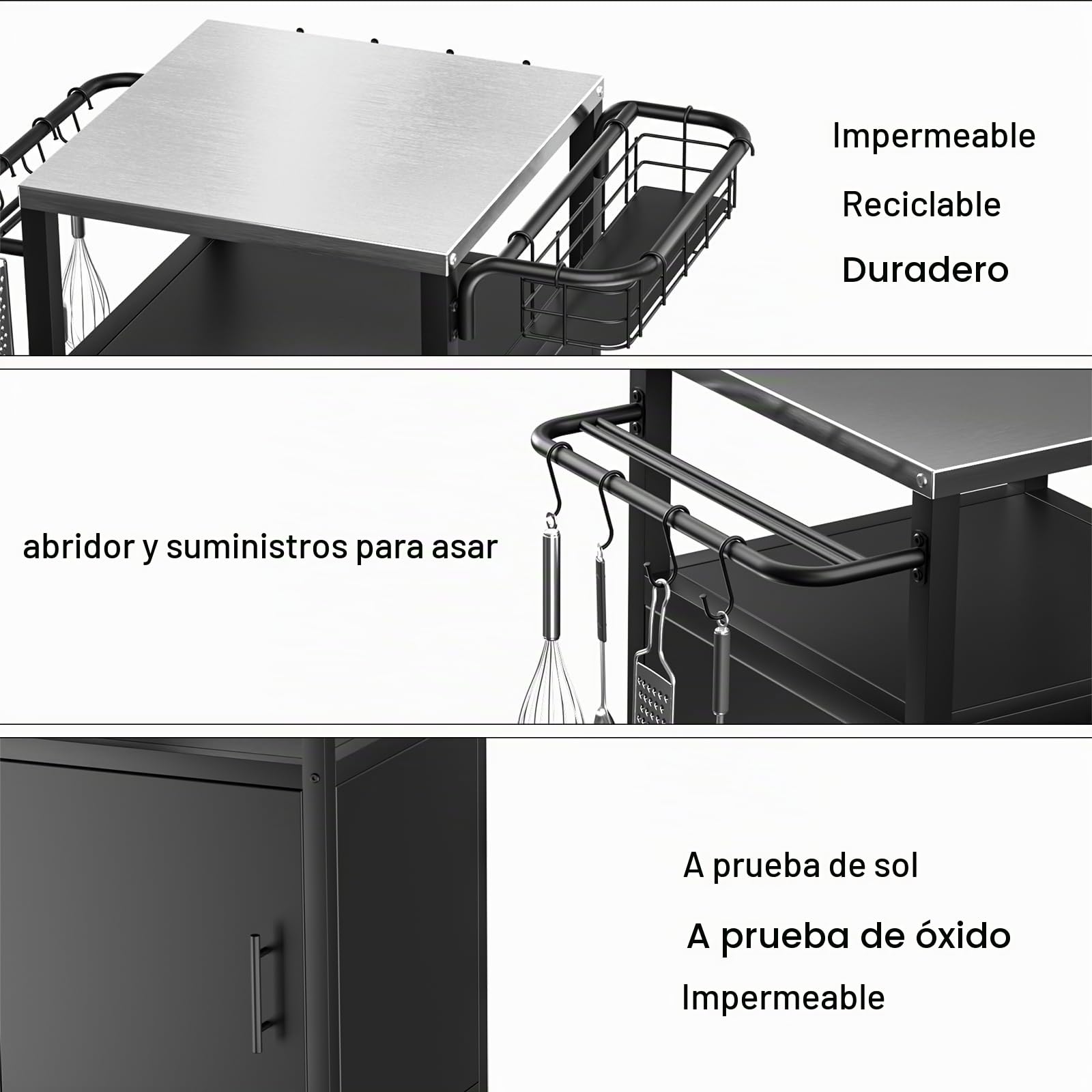 Carro de barbacoa para exteriores, con ruedas, resistente a la intemperie, multifuncional de acero inoxidable para barbacoa y jardín