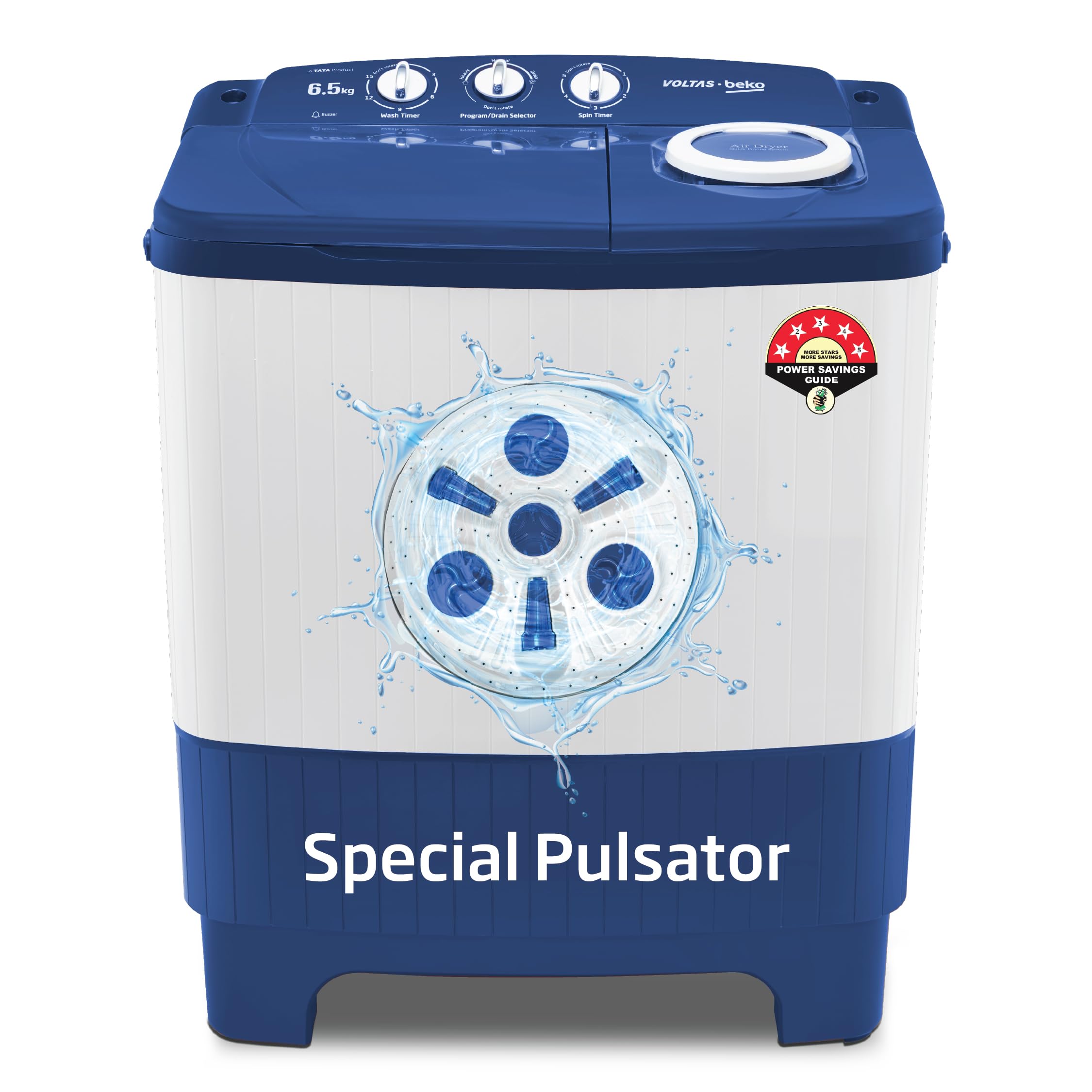 Voltas Beko, A Tata Product 6.5 Kg 5 Star Semi-Automatic Top Loading Washing Machine (WTT65UNX/OK3I0I0W01, Blue, Pulsator wash technology)