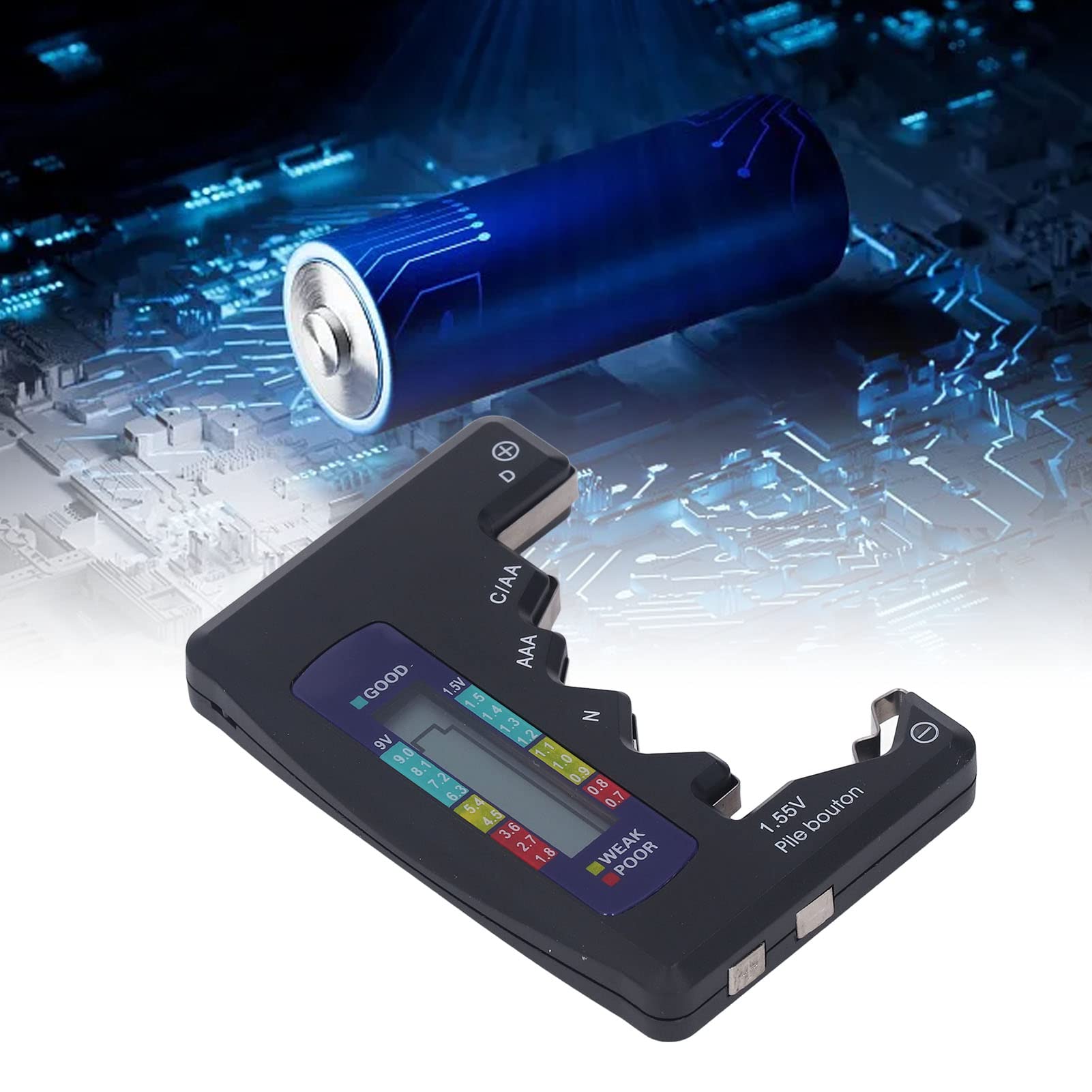 Cyfrowy Tester Baterii Cyfrowy LCD Uniwersalny Sprawdzacz Baterii Materiał ABS Światło Wskazujące na baterię 1,5 V 9 V AA AAA 9 V Baterie 6F22 1.55 V Baterie Guzikowe (Czarny)