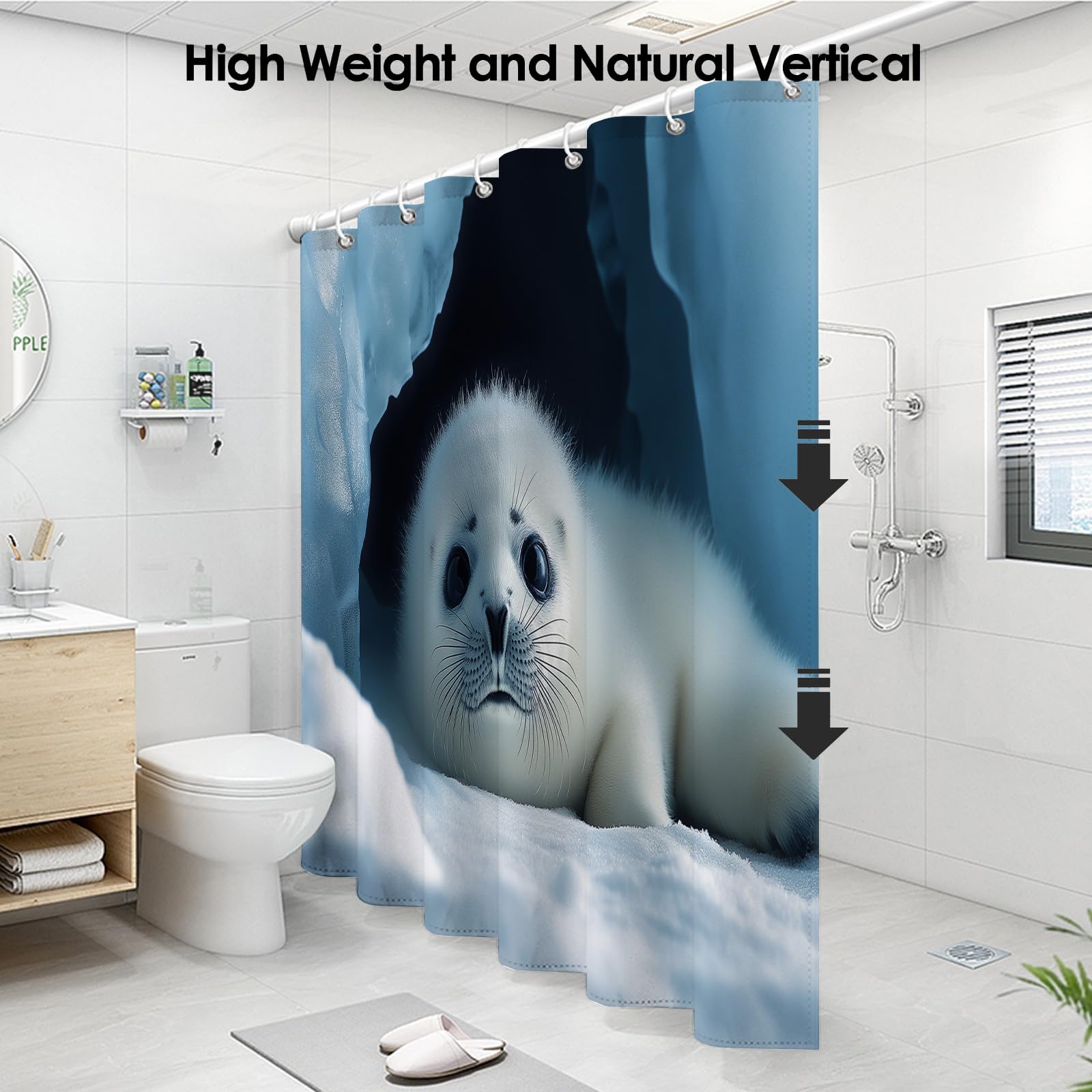 Eishöhlenlandschaft Duschvorhänge mit Haken,H200 x B180 cm (1er Pack) Wasserdicht Duschvorhang für Badezimmer,süße kleine Robbe Badewannen Hotelvorhang,Maschinenwaschbar