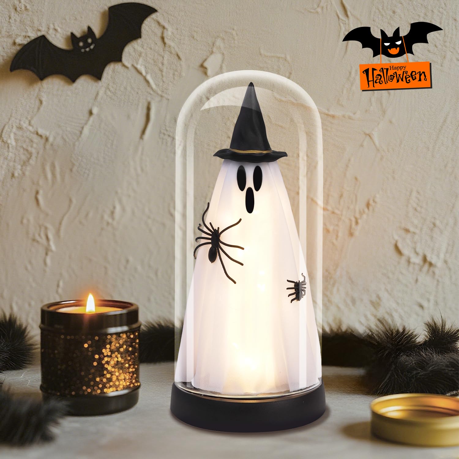 Dekoracja halloweenowa - dekoracje na Halloween do wnętrz - rozświetlający duch w szklanym kloszu - uroczy duch ze światłem do domu kuchni kominek dekoracja stołu na imprezę