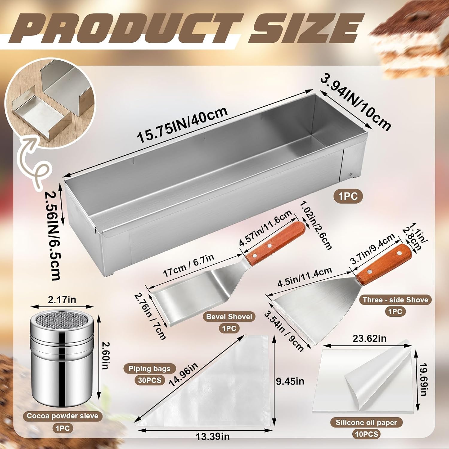 Blushtier Nonstick Rectangle Tiramisu Baking Kit with Removable Tiramisu Pans 304 Stainless Steel 15.75 x 3.94 x 2.56 Inches Cake Pans, Scraper, Cocoa Powder Sieve, 30 Piping Bags, 10 Baking Papers