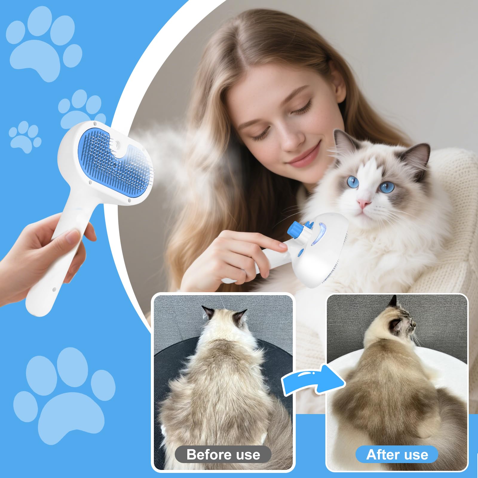 Pet Steam Brush for Dog & Cat - 3-in-1 Steam Grooming Brush for Shedding & Hair Removal - Self Cleaning Spray Comb with Mist for Long Haired Pets - Includes 1*Waterless Shampoo, Blue. - image 8